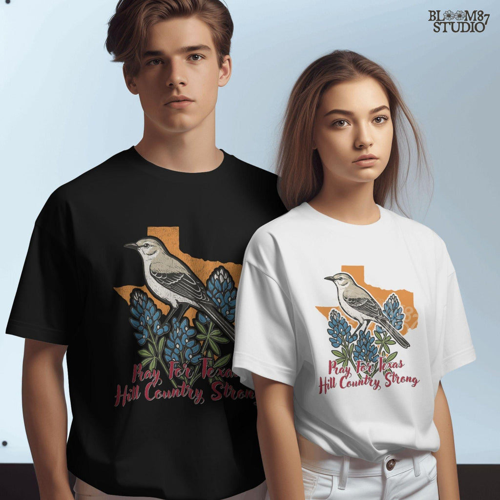 Illustration of a mockingbird on bluebonnets in front of Texas state outline with text “Pray for Texas Hill Country Strong,” designed for sublimation and awareness.
