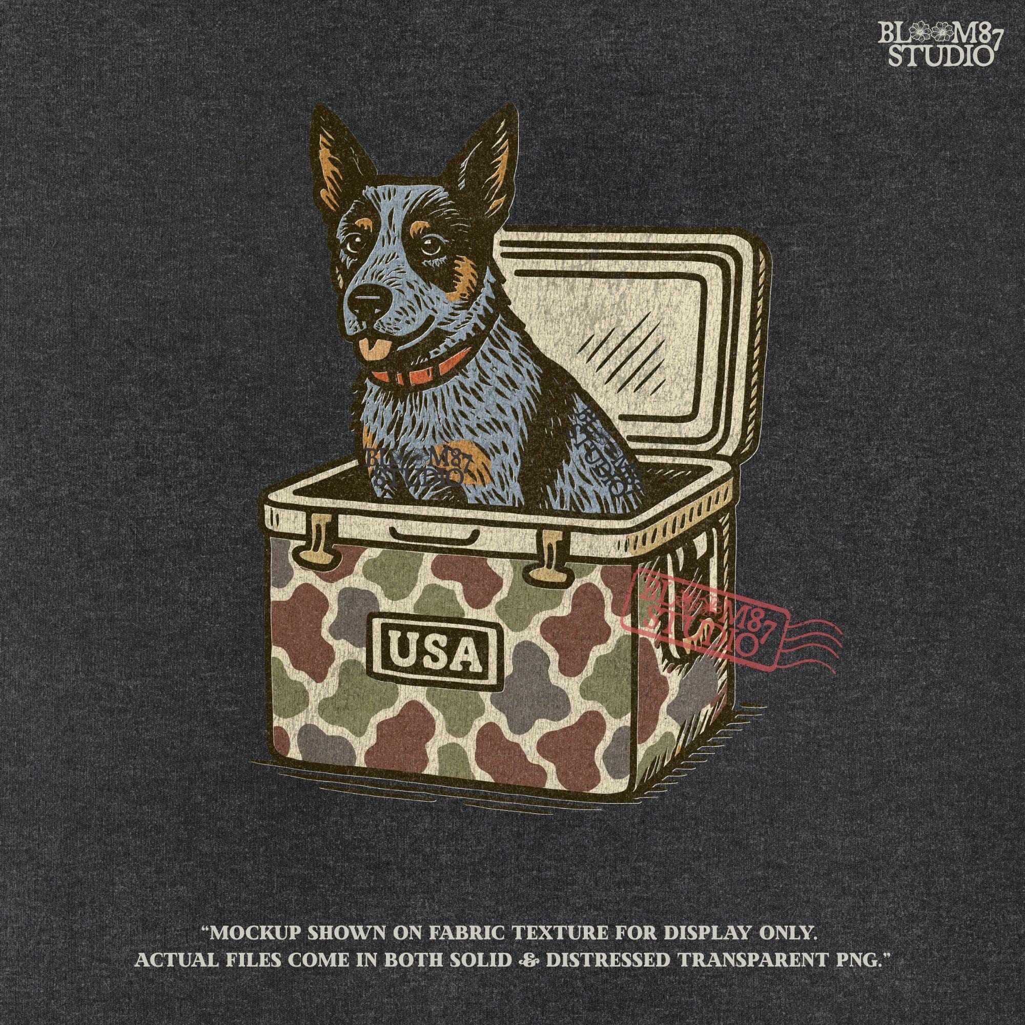 Blue Heeler Australian Cattle Dog sitting in USA camouflage ice chest cooler, patriotic digital PNG for sublimation designs.