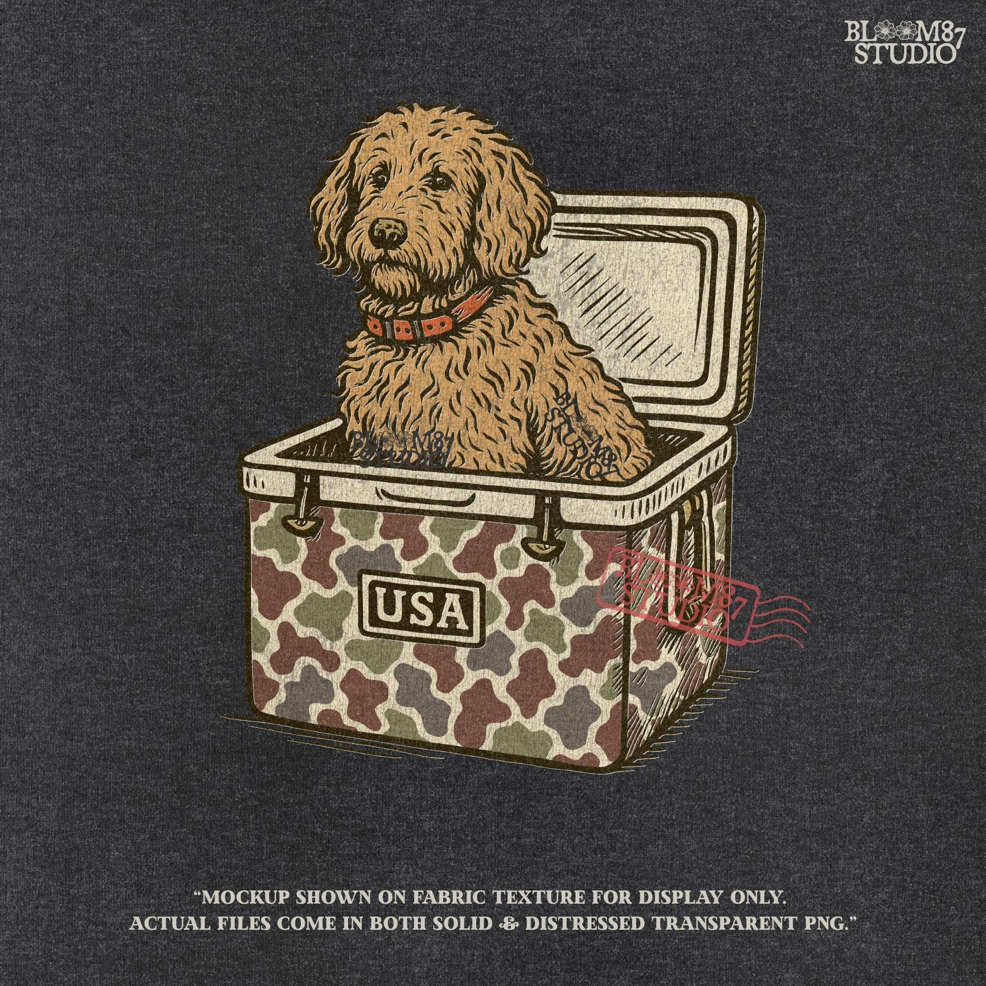 Curly Goldendoodle dog sitting inside a USA camouflage cooler, digital PNG sublimation file for crafting patriotic pet-themed items.