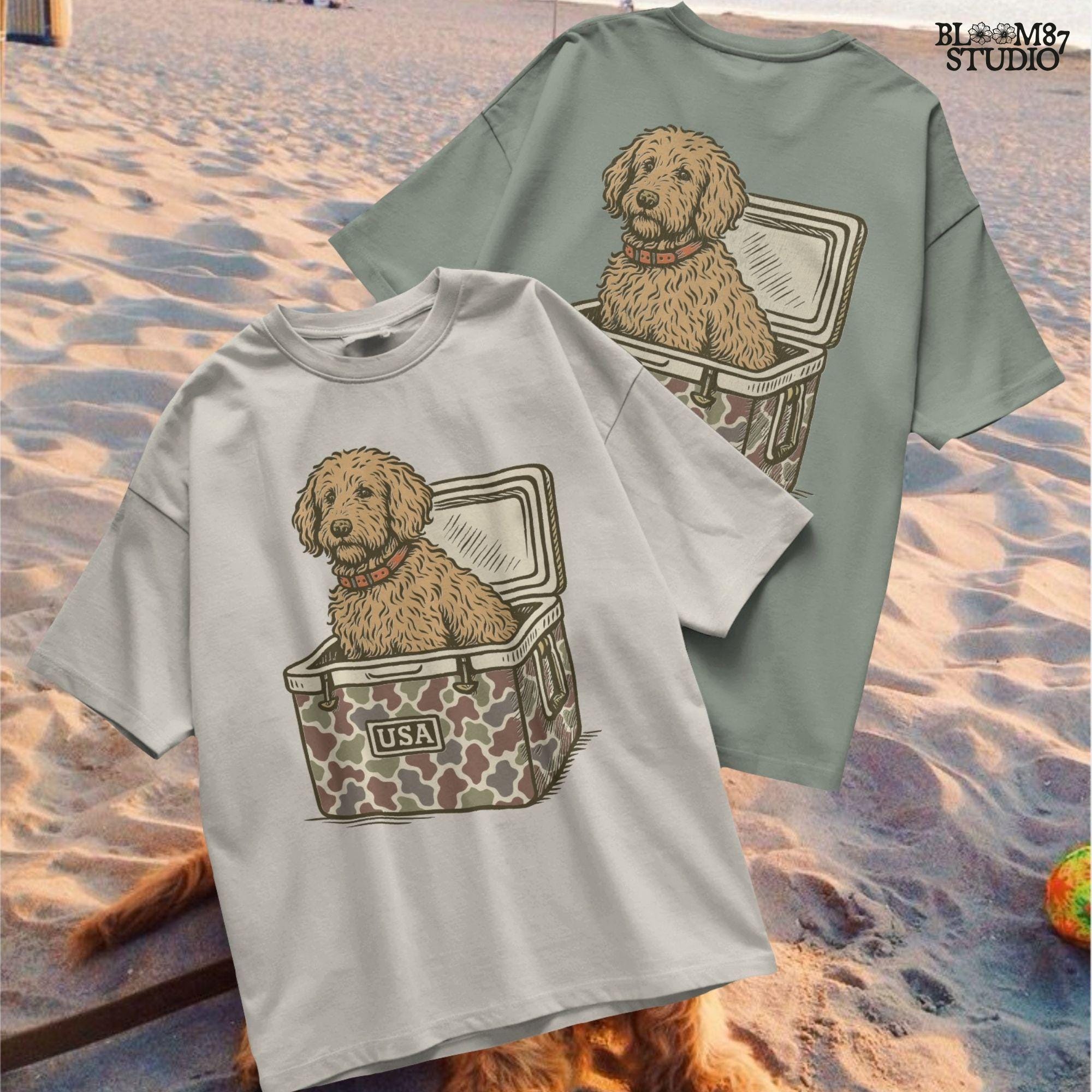 Curly Goldendoodle dog sitting inside a USA camouflage cooler, digital PNG sublimation file for crafting patriotic pet-themed items.