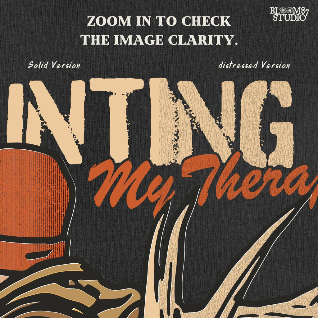 A camouflage hunter with antlers on backpack and text “Hunting Is My Therapy,” designed for fall hunting season sublimation and outdoor-themed apparel.