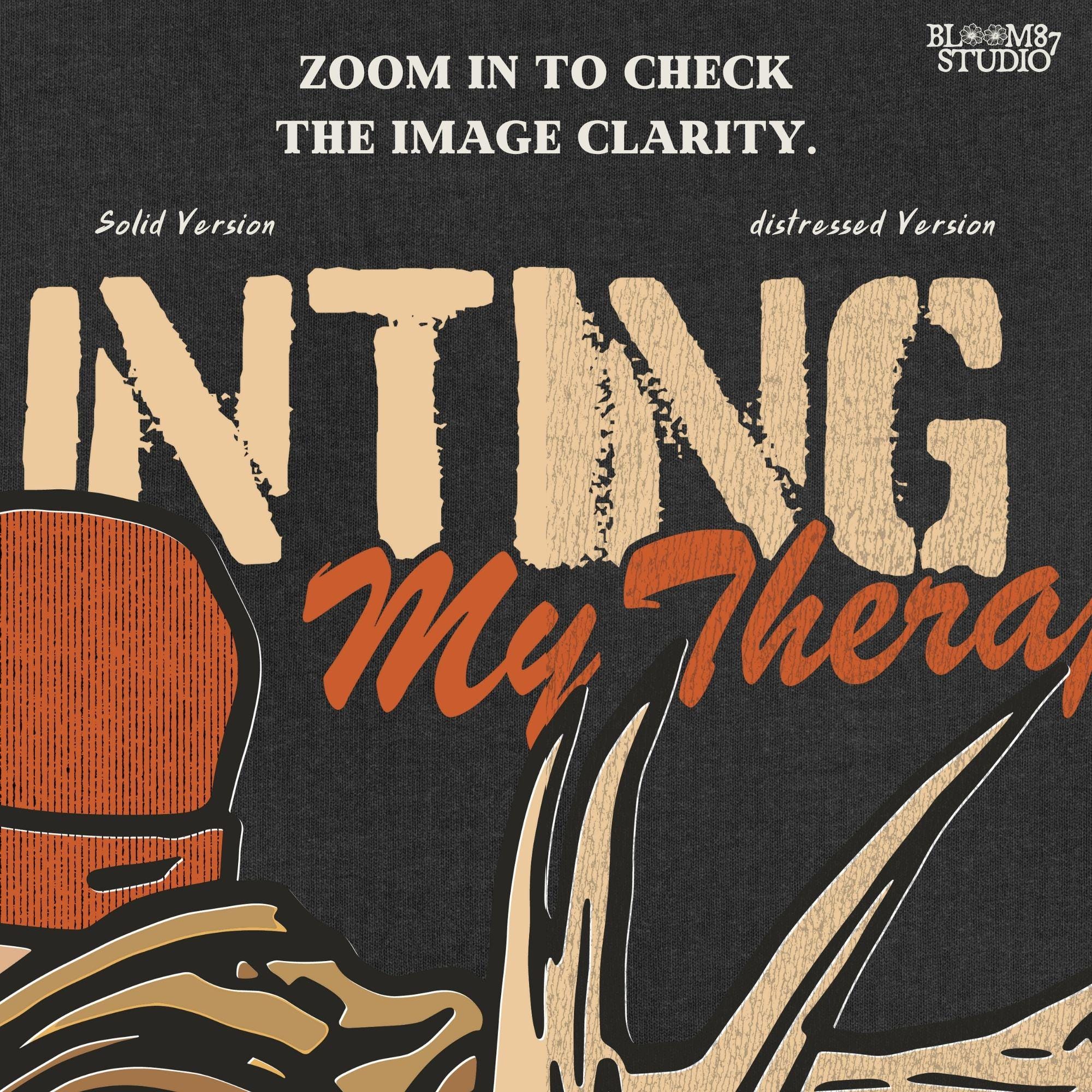 A camouflage hunter with antlers on backpack and text “Hunting Is My Therapy,” designed for fall hunting season sublimation and outdoor-themed apparel.
