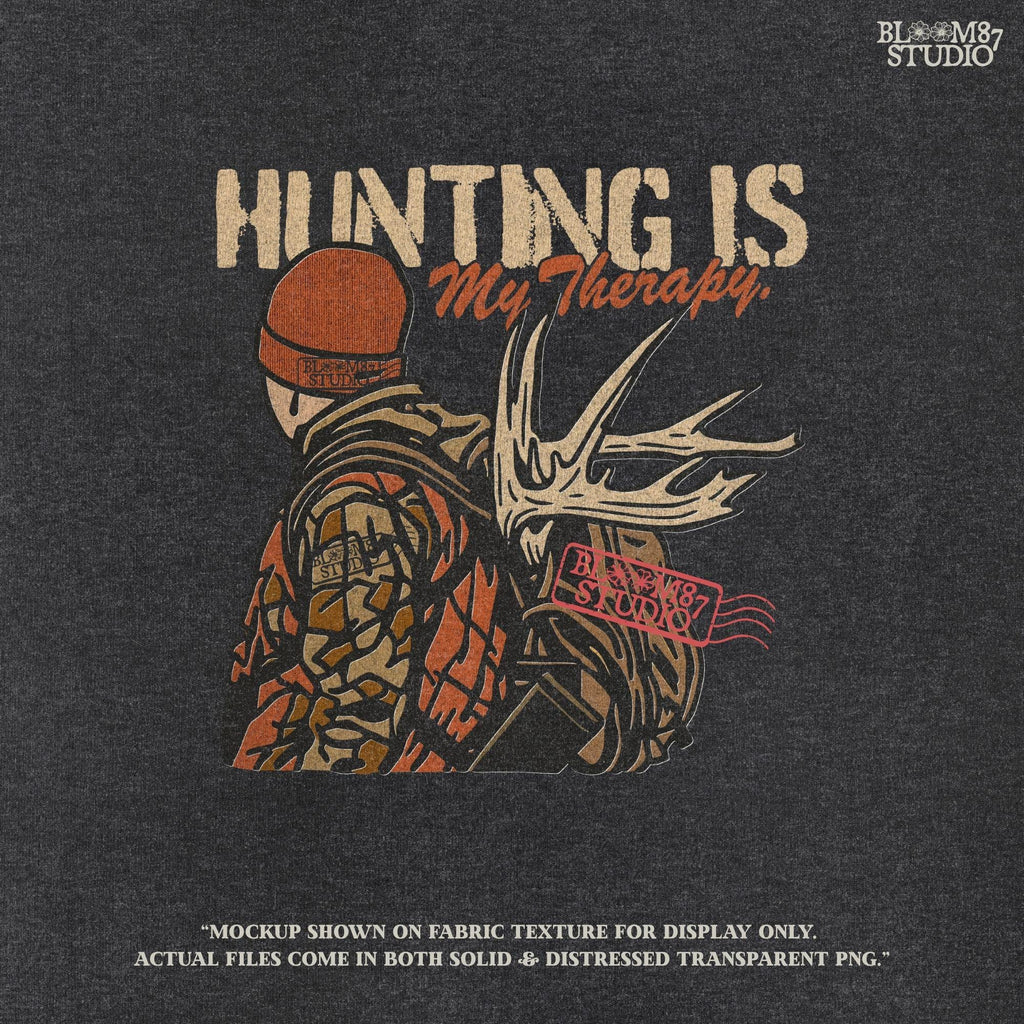 A camouflage hunter with antlers on backpack and text “Hunting Is My Therapy,” designed for fall hunting season sublimation and outdoor-themed apparel.