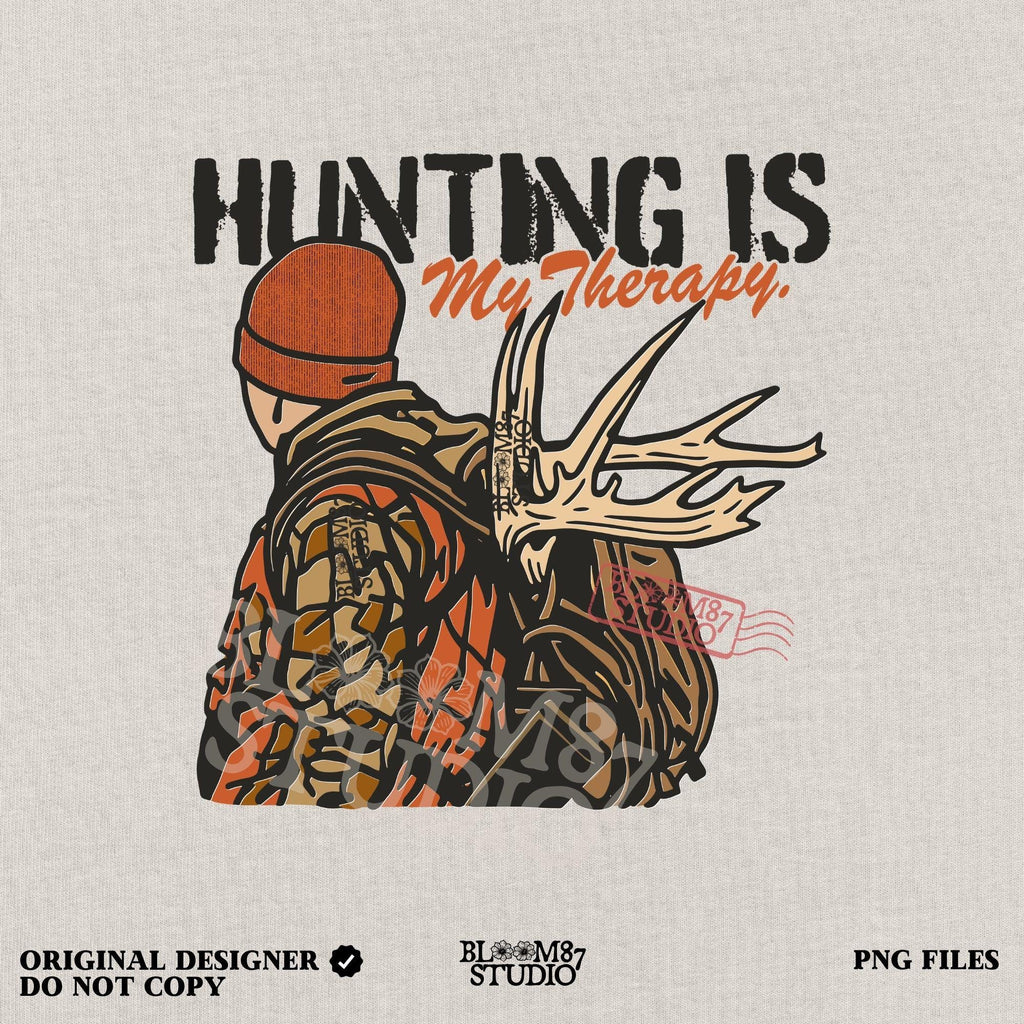 A camouflage hunter with antlers on backpack and text “Hunting Is My Therapy,” designed for fall hunting season sublimation and outdoor-themed apparel.
