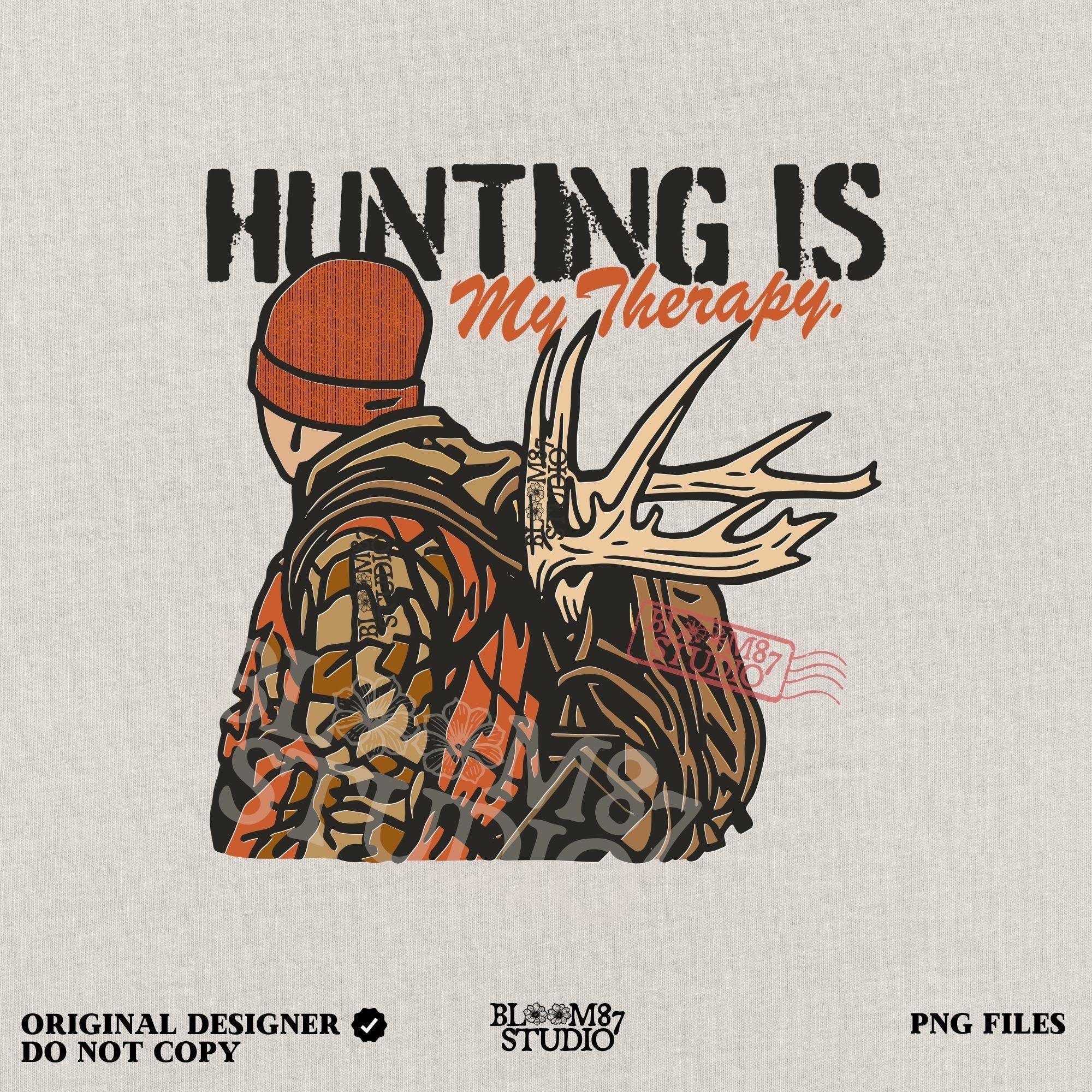 A camouflage hunter with antlers on backpack and text “Hunting Is My Therapy,” designed for fall hunting season sublimation and outdoor-themed apparel.