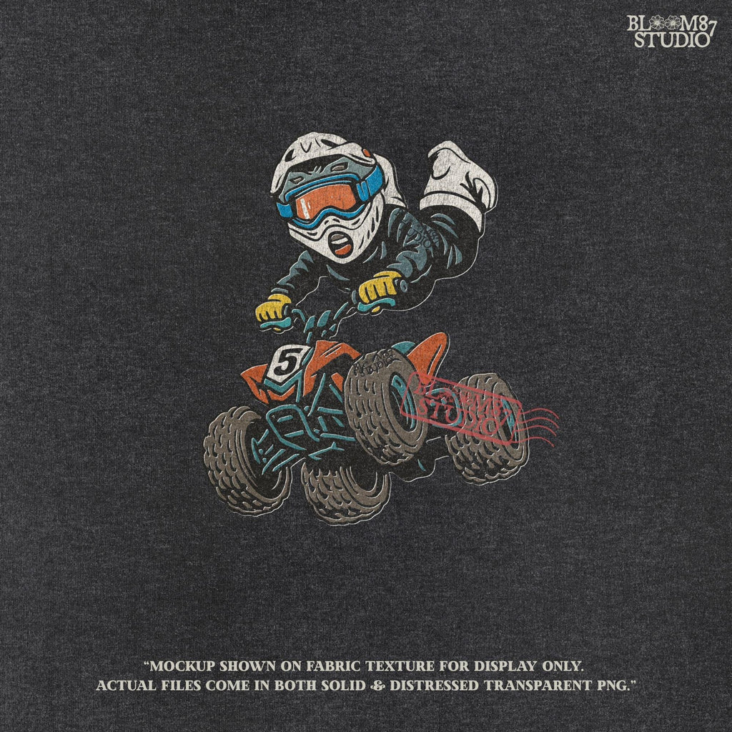 Digital PNG of a boy riding an ATV mid-jump wearing motocross gear and helmet, perfect for kids racing sublimation projects.