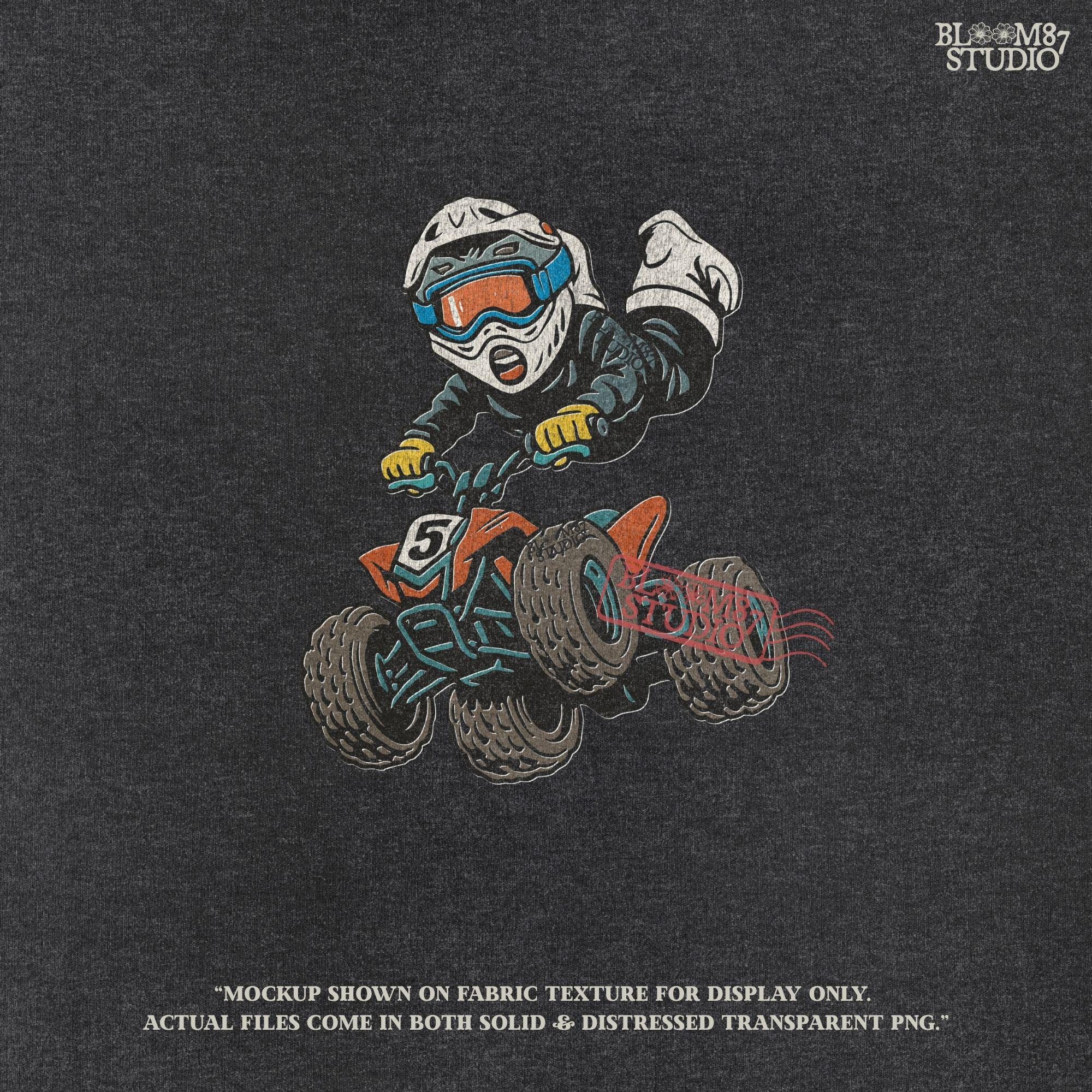 Digital PNG of a boy riding an ATV mid-jump wearing motocross gear and helmet, perfect for kids racing sublimation projects.