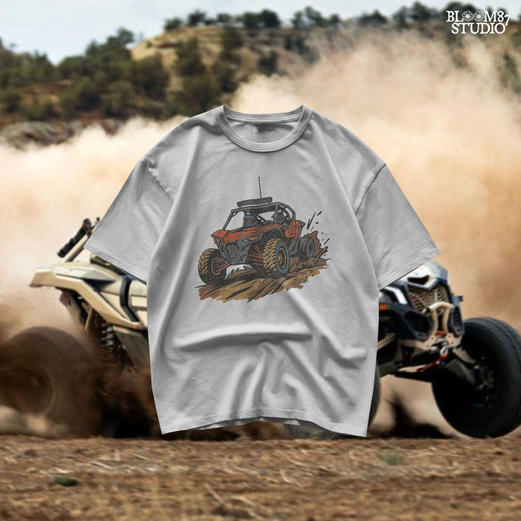 Off-road UTV side-by-side vehicle with mud splashes, drawn in bold lines and colors for use in sublimation and digital crafts.