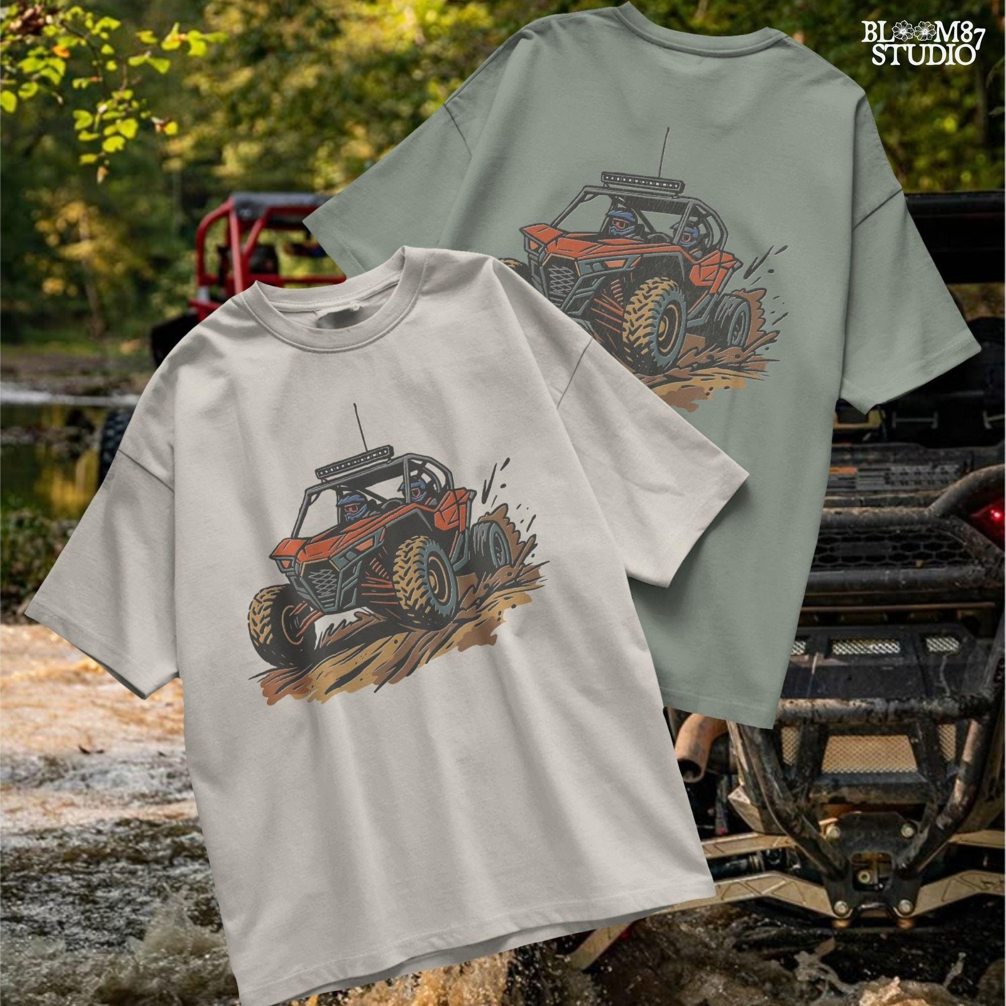 Off-road UTV side-by-side vehicle with mud splashes, drawn in bold lines and colors for use in sublimation and digital crafts.