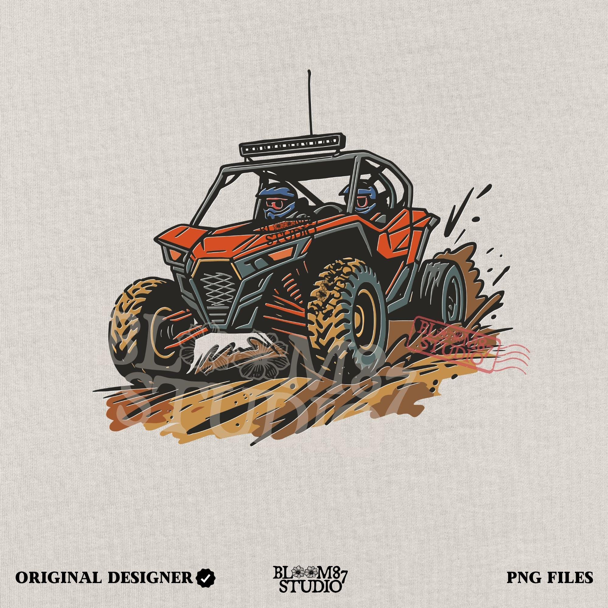 Off-road UTV side-by-side vehicle with mud splashes, drawn in bold lines and colors for use in sublimation and digital crafts.