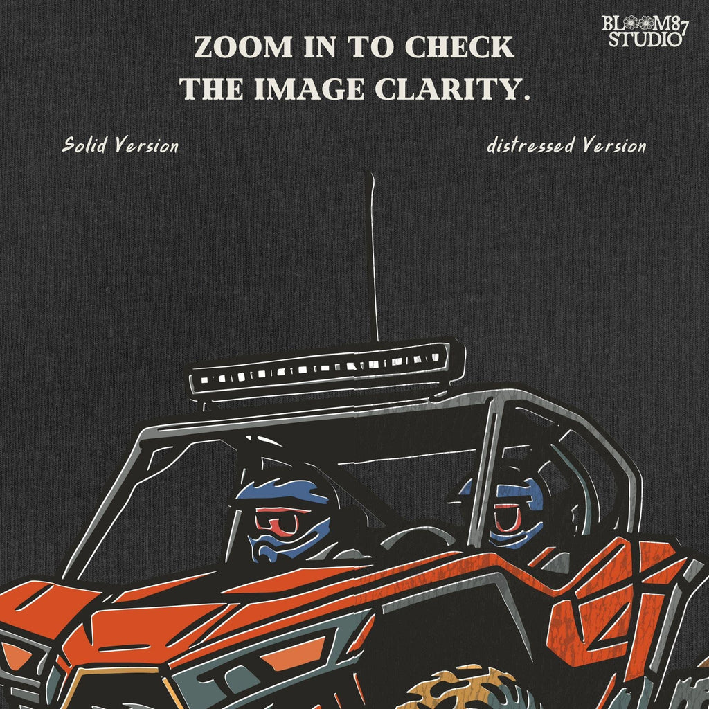 Off-road UTV side-by-side vehicle with mud splashes, drawn in bold lines and colors for use in sublimation and digital crafts.