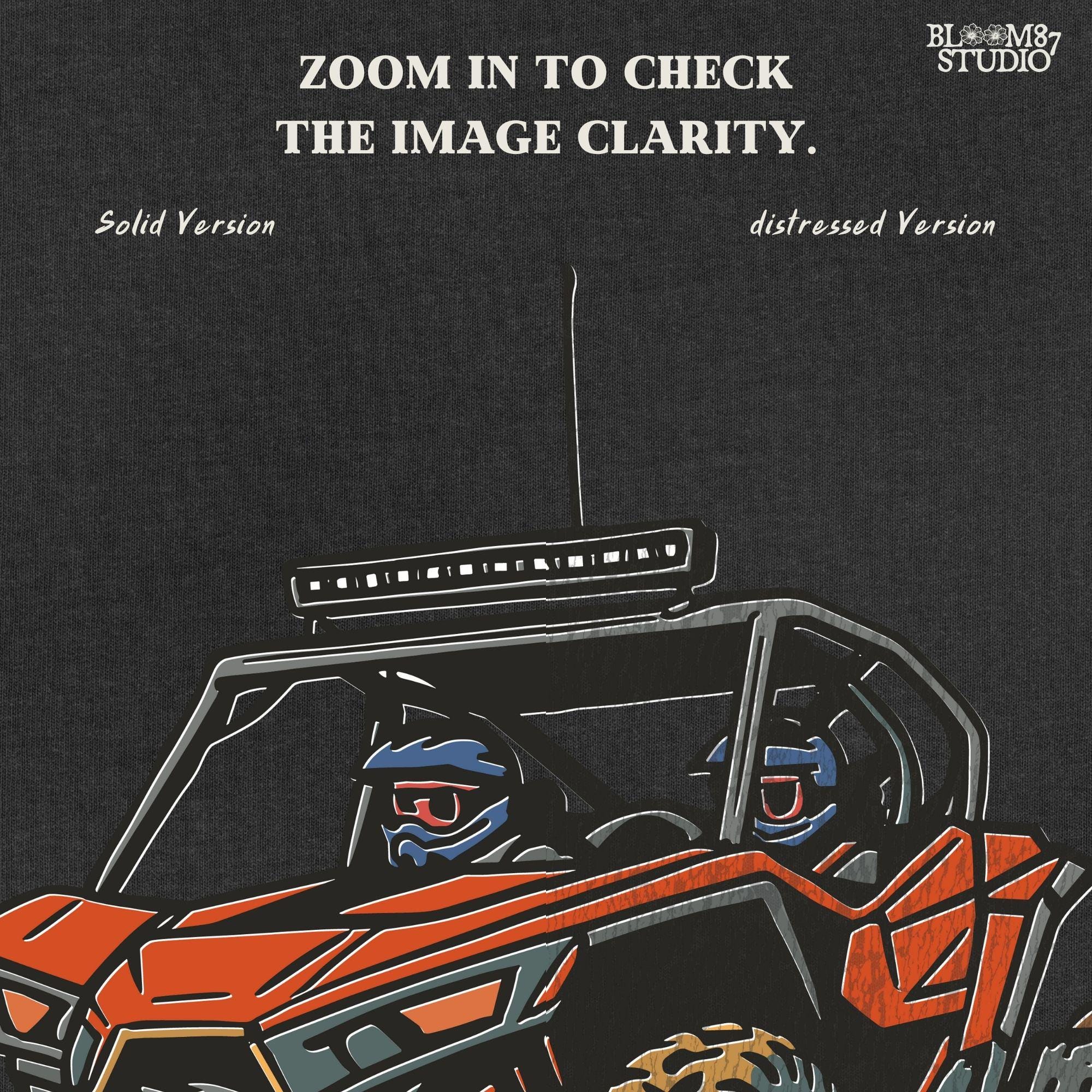 Off-road UTV side-by-side vehicle with mud splashes, drawn in bold lines and colors for use in sublimation and digital crafts.