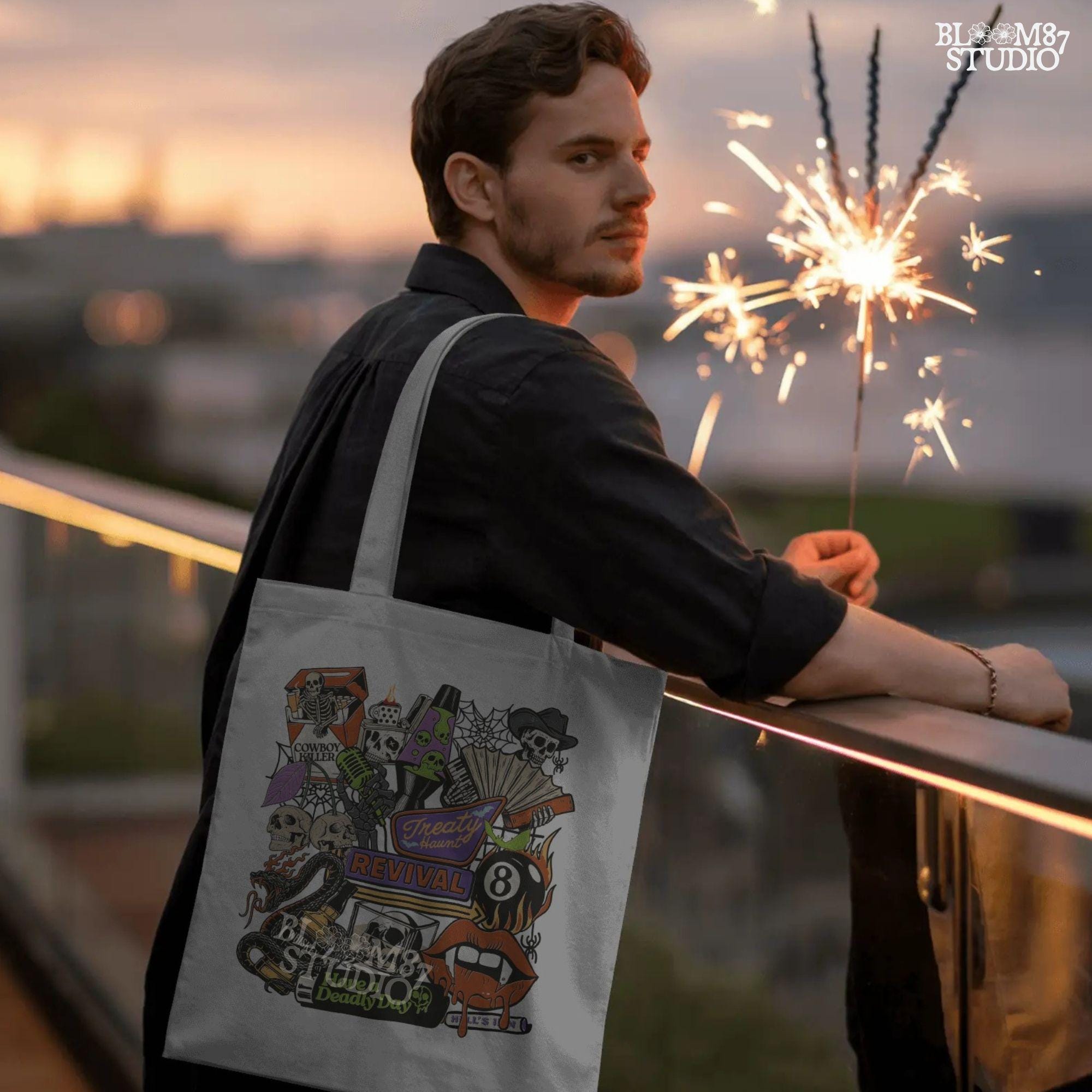 Spooky western collage PNG featuring skeleton cowboy, flames, whiskey, skulls, barbed wire, and Treaty Revival neon sign for Halloween sublimation use.