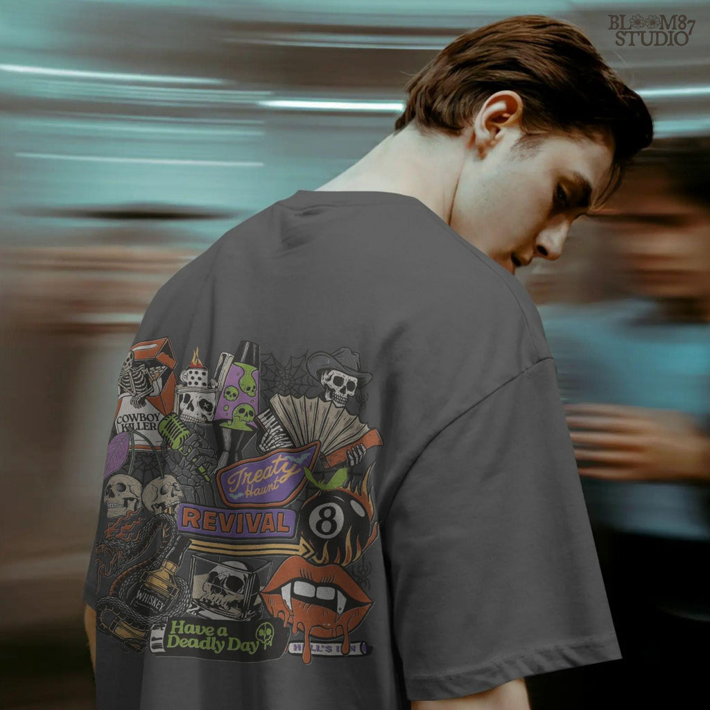 Spooky western collage PNG featuring skeleton cowboy, flames, whiskey, skulls, barbed wire, and Treaty Revival neon sign for Halloween sublimation use.