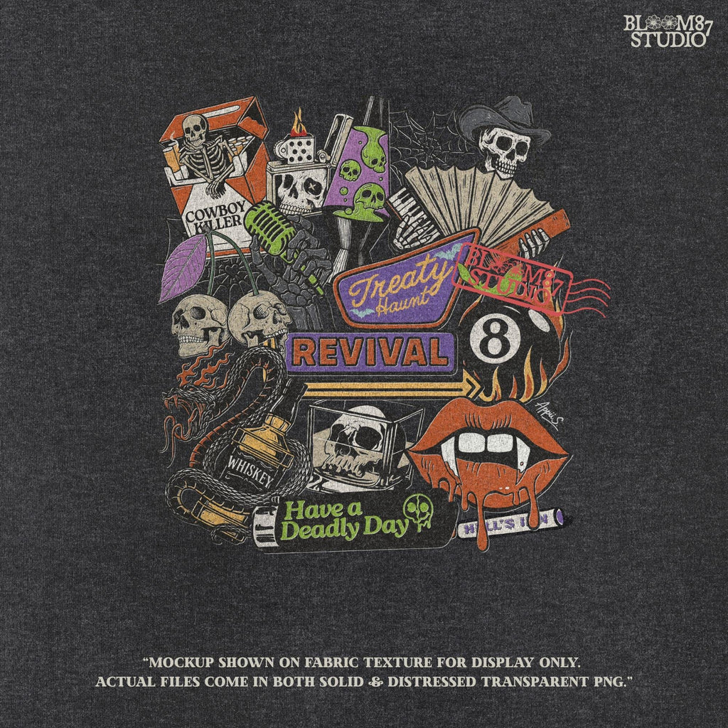 Spooky western collage PNG featuring skeleton cowboy, flames, whiskey, skulls, barbed wire, and Treaty Revival neon sign for Halloween sublimation use.