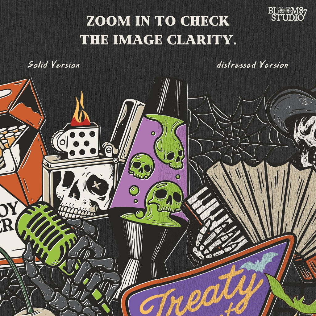 Spooky western collage PNG featuring skeleton cowboy, flames, whiskey, skulls, barbed wire, and Treaty Revival neon sign for Halloween sublimation use.