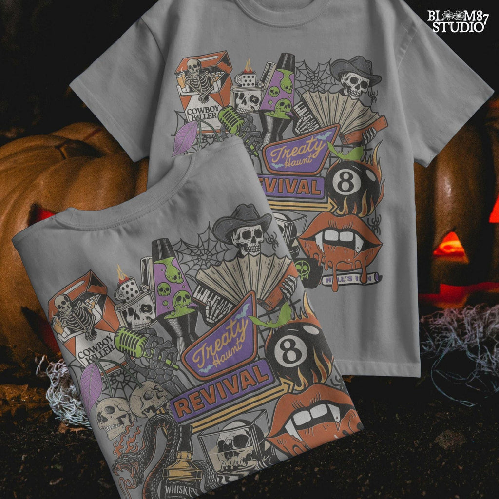 Spooky western collage PNG featuring skeleton cowboy, flames, whiskey, skulls, barbed wire, and Treaty Revival neon sign for Halloween sublimation use.