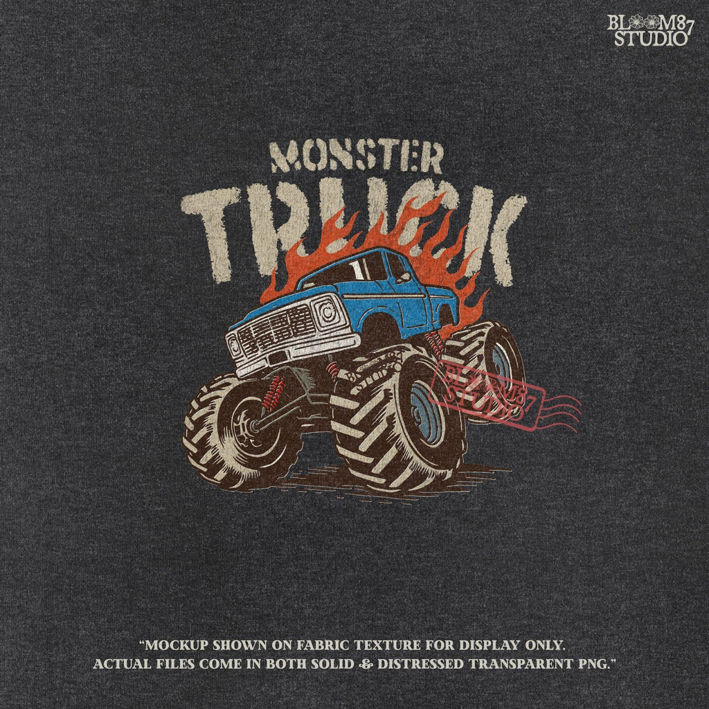 Blue monster truck with huge wheels and orange flames, illustrated in bold lines, ideal for boys birthday sublimation and crafts.