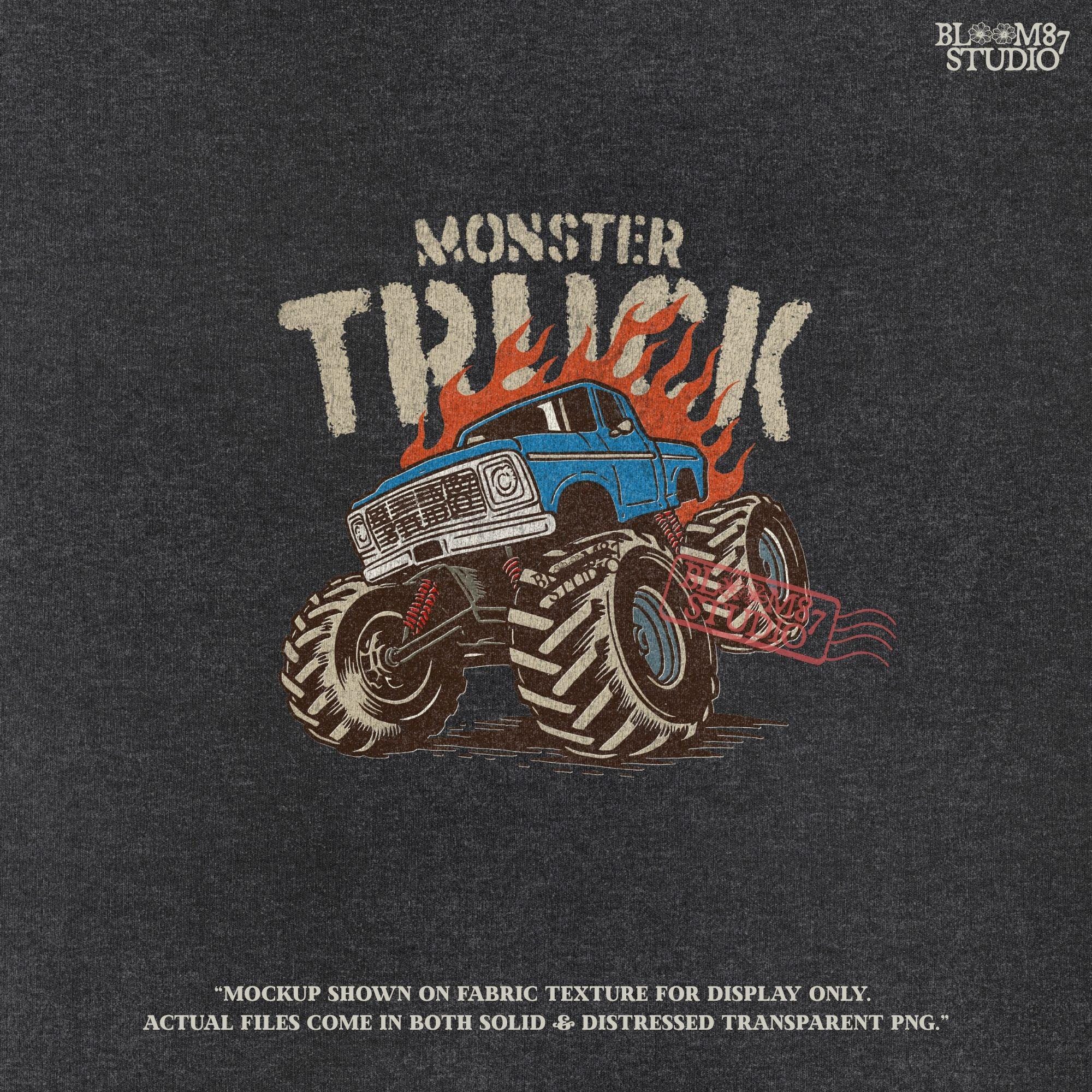 Blue monster truck with huge wheels and orange flames, illustrated in bold lines, ideal for boys birthday sublimation and crafts.