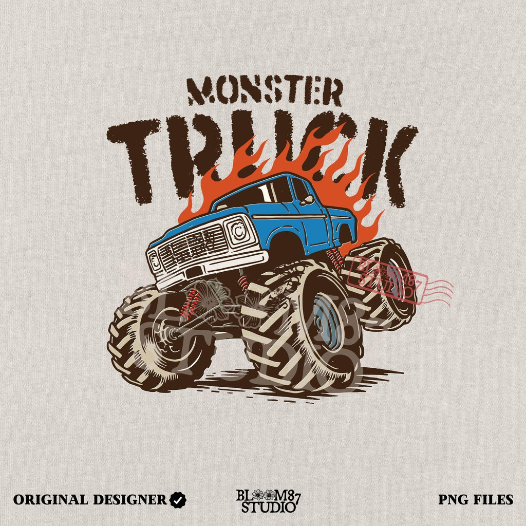 Blue monster truck with huge wheels and orange flames, illustrated in bold lines, ideal for boys birthday sublimation and crafts.