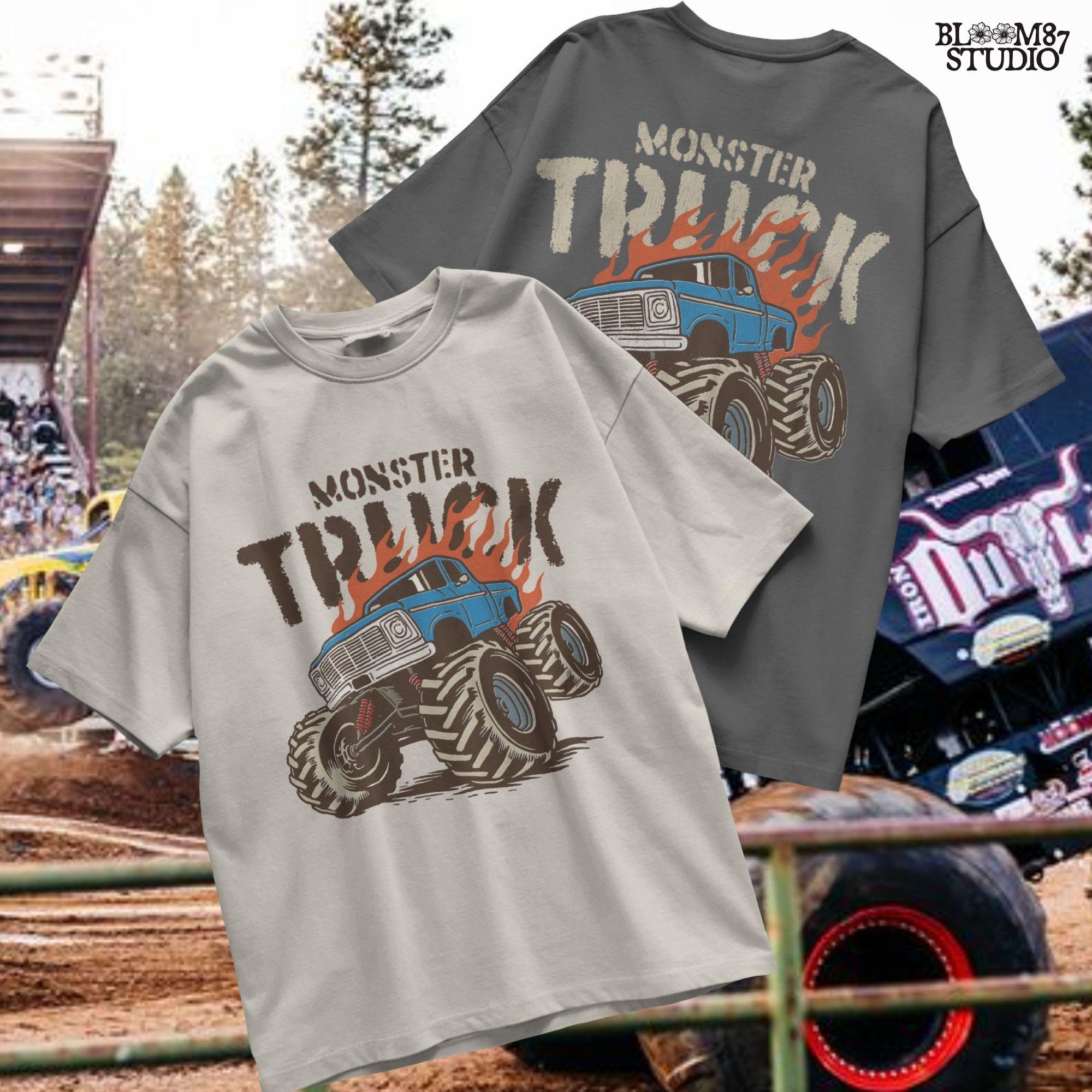 Blue monster truck with huge wheels and orange flames, illustrated in bold lines, ideal for boys birthday sublimation and crafts.