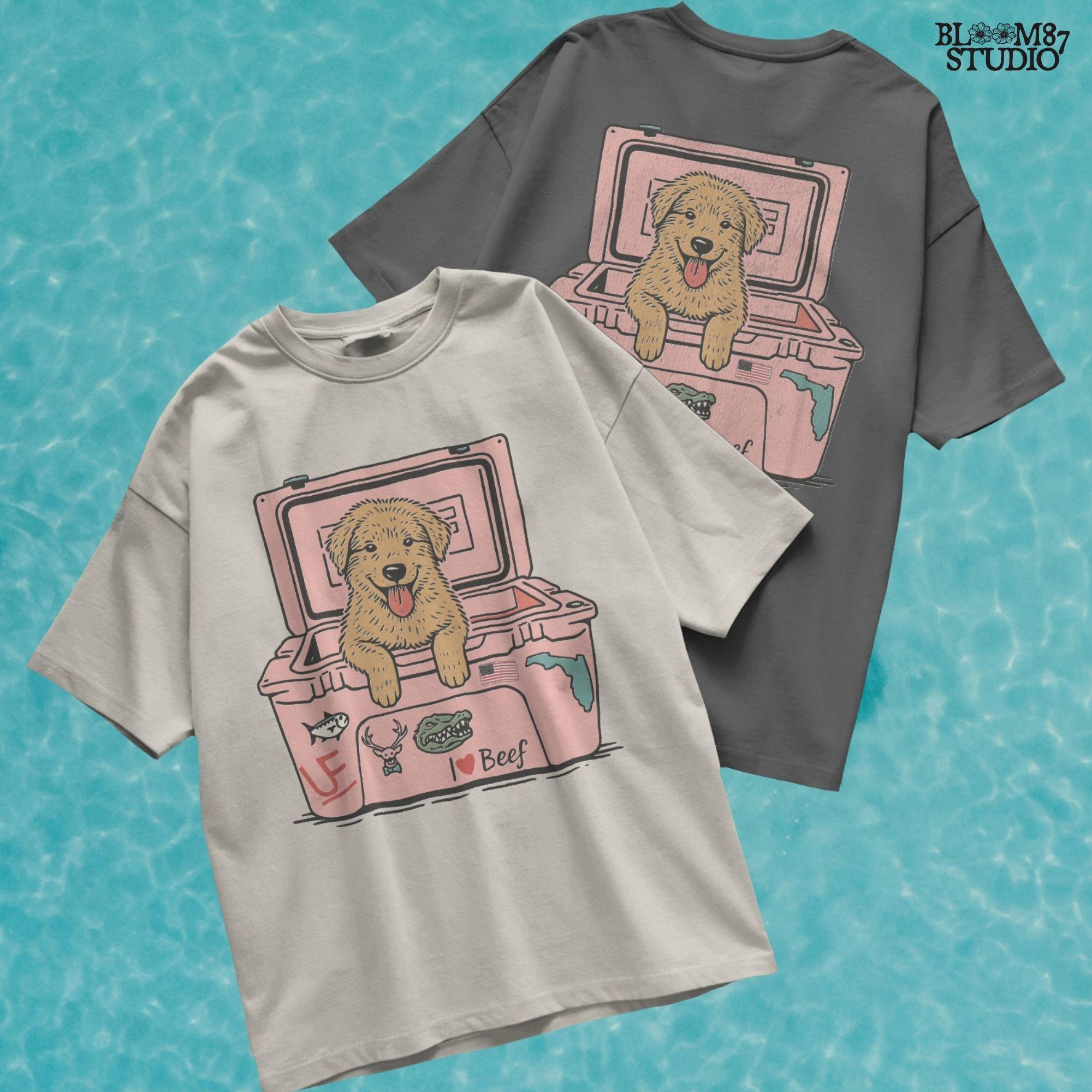 Golden retriever puppy with tongue out sitting inside a pink cooler decorated with Florida and beef stickers, sublimation design for dog lovers.