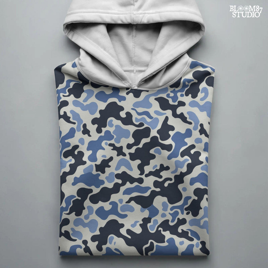 Seamless navy and blue urban camouflage pattern with white background – PNG file for tactical, streetwear, or digital use.