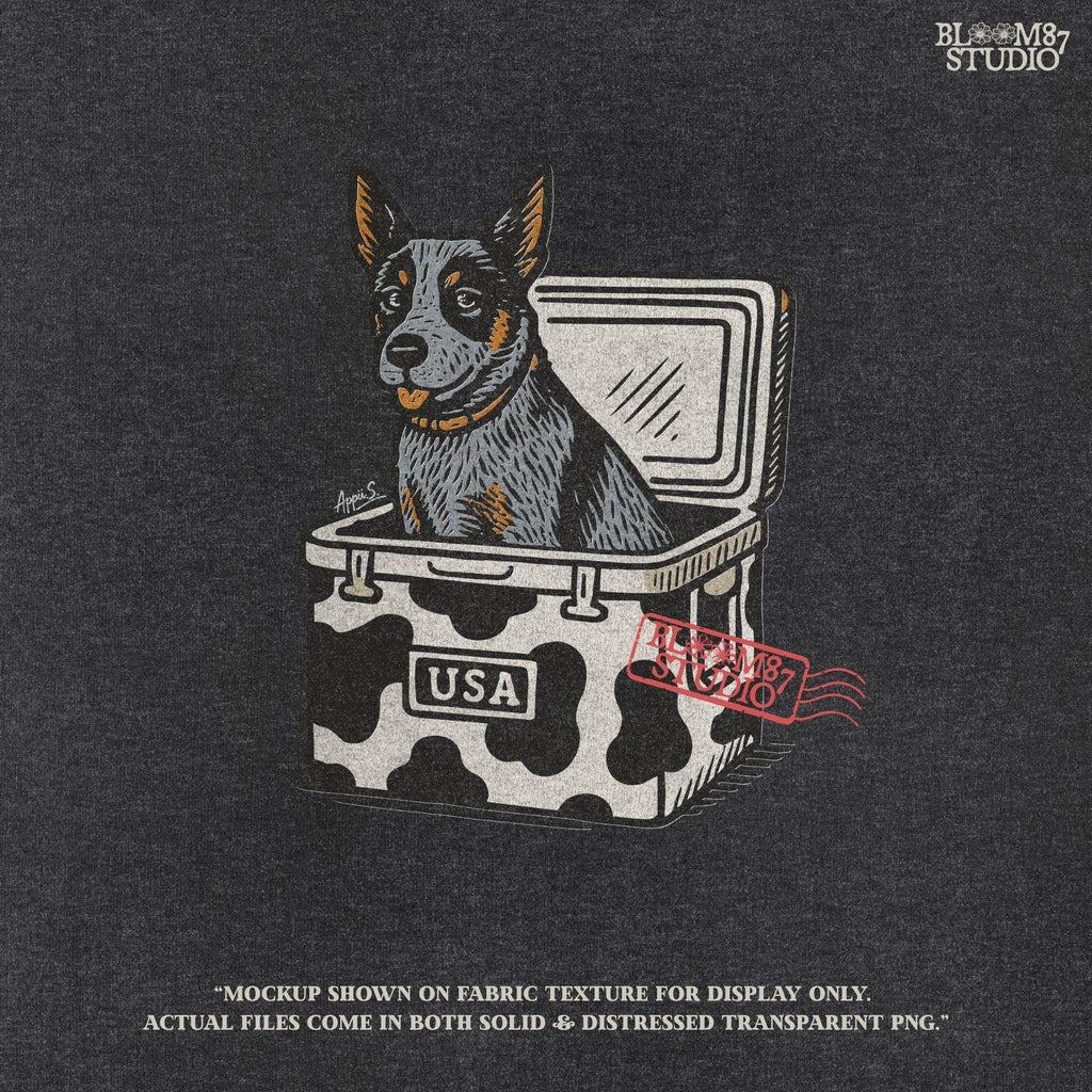 Cartoon-style Blue Heeler dog sitting inside a cowprint cooler with USA patch, perfect for southern patriotic summer sublimation design.