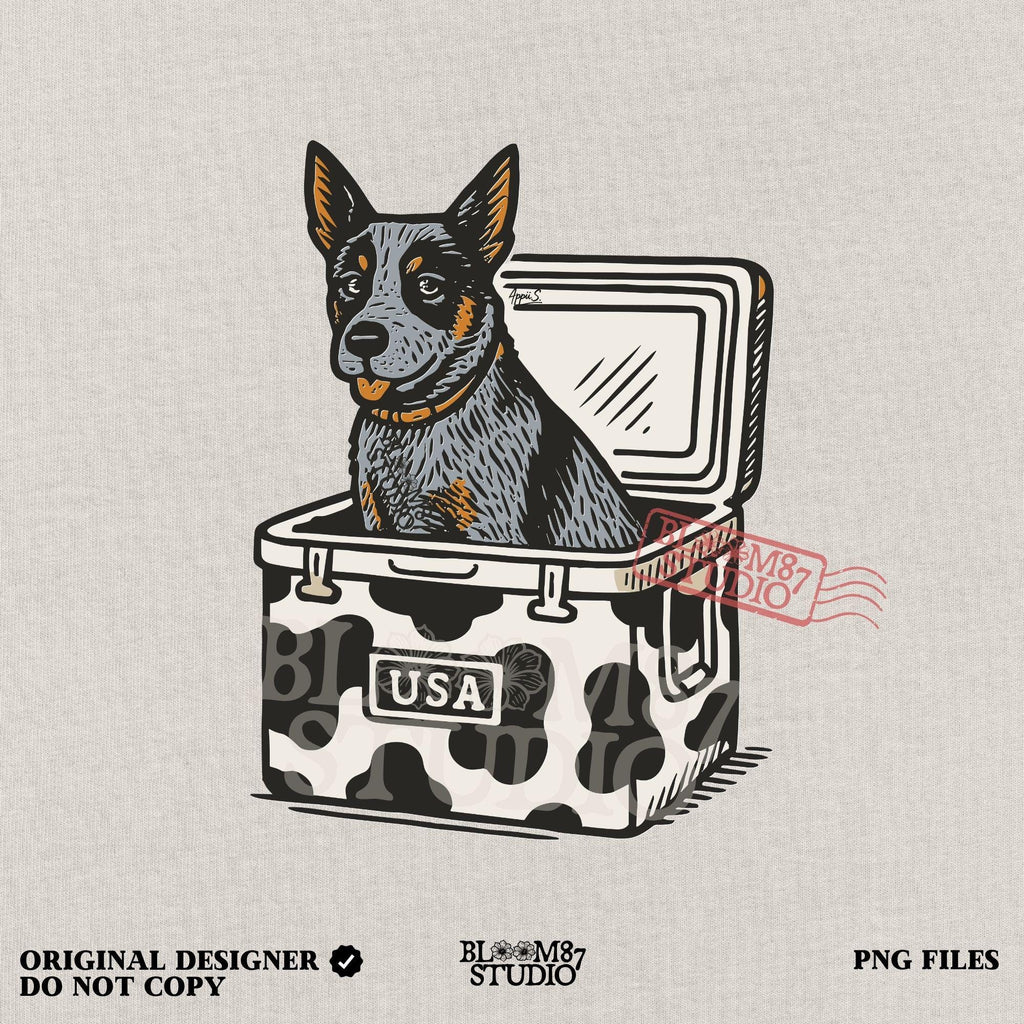 Cartoon-style Blue Heeler dog sitting inside a cowprint cooler with USA patch, perfect for southern patriotic summer sublimation design.