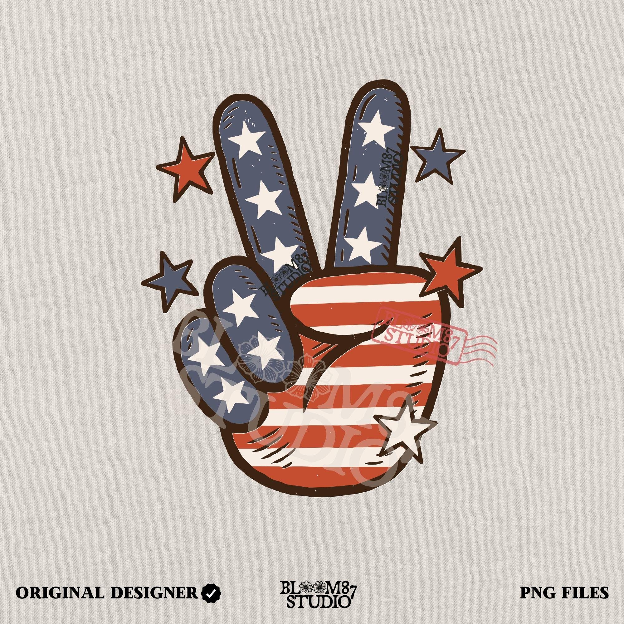Peace hand symbol with stars and stripes in red, white, and blue American flag pattern surrounded by stars; retro patriotic sublimation art.
