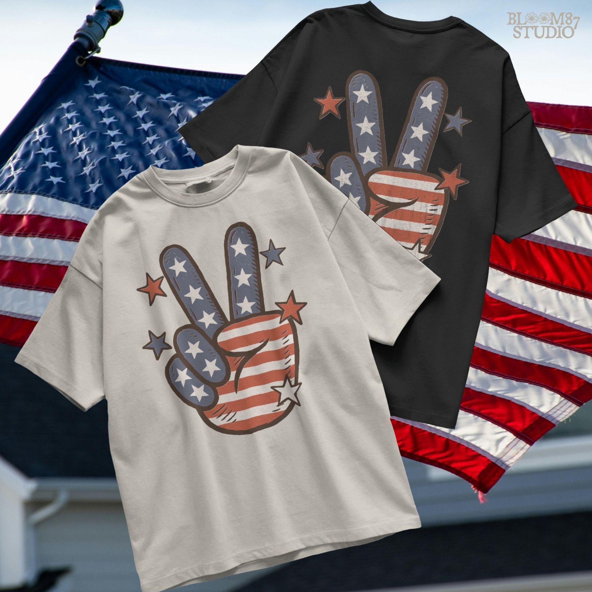 Peace hand symbol with stars and stripes in red, white, and blue American flag pattern surrounded by stars; retro patriotic sublimation art.