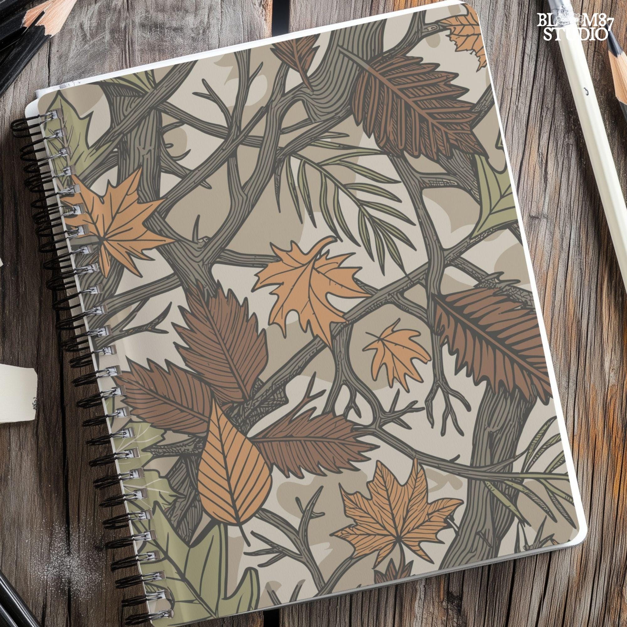 Seamless camouflage PNG pattern with autumn leaves, tree branches, and earthy tones of orange, brown, and green for fall sublimation use.