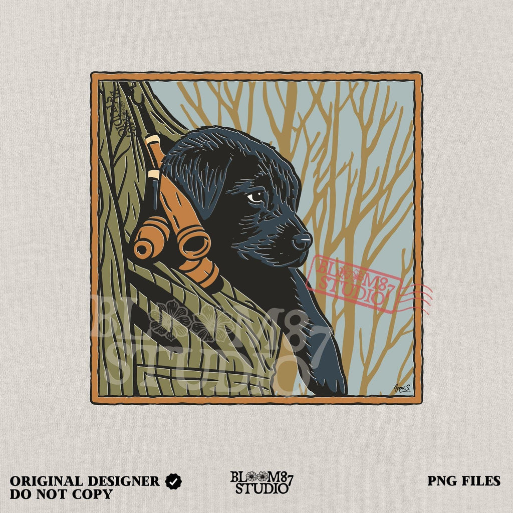 Black Labrador puppy sitting in a camo hunting vest with duck calls, perfect for fall hunting season sublimation designs.