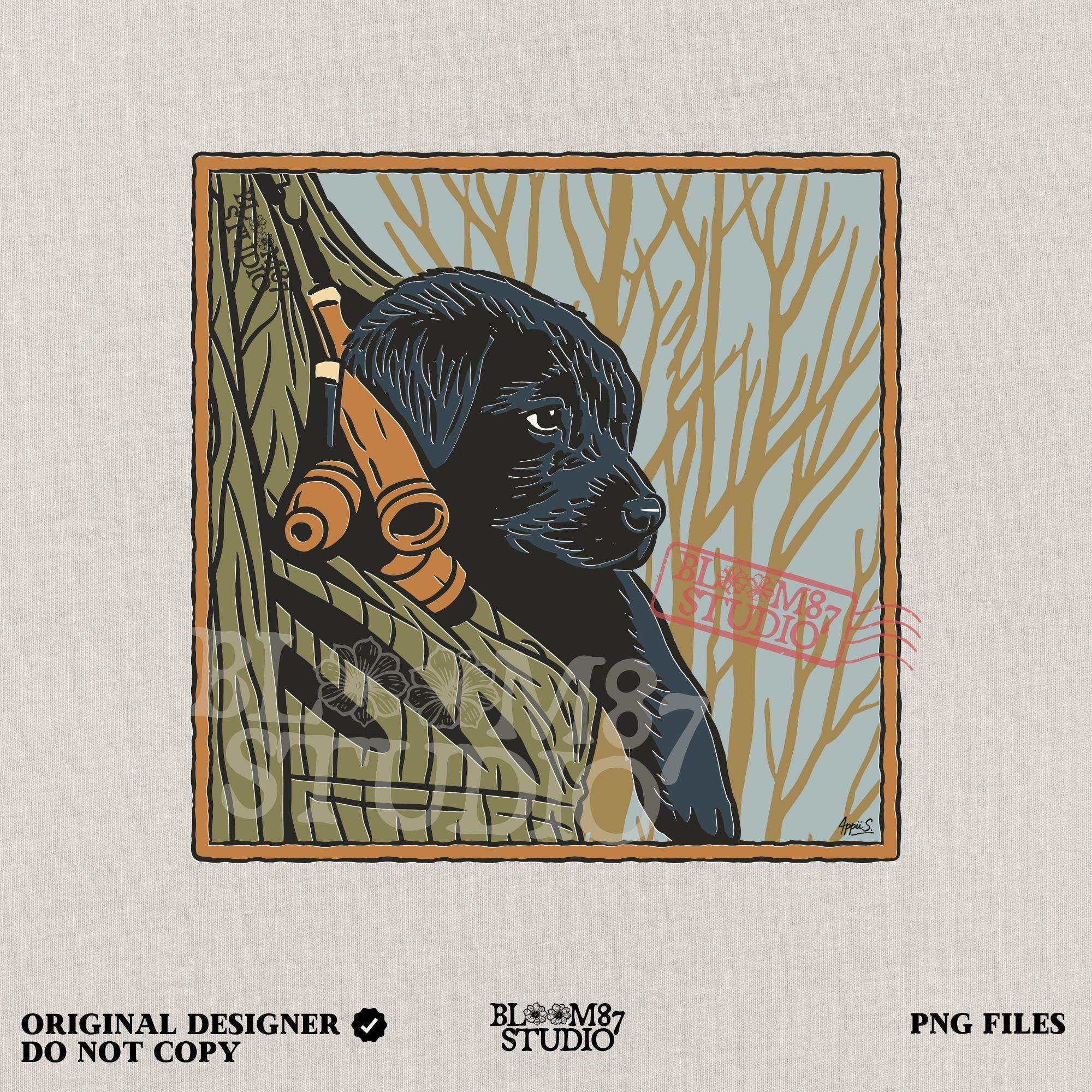 Black Labrador puppy sitting in a camo hunting vest with duck calls, perfect for fall hunting season sublimation designs.