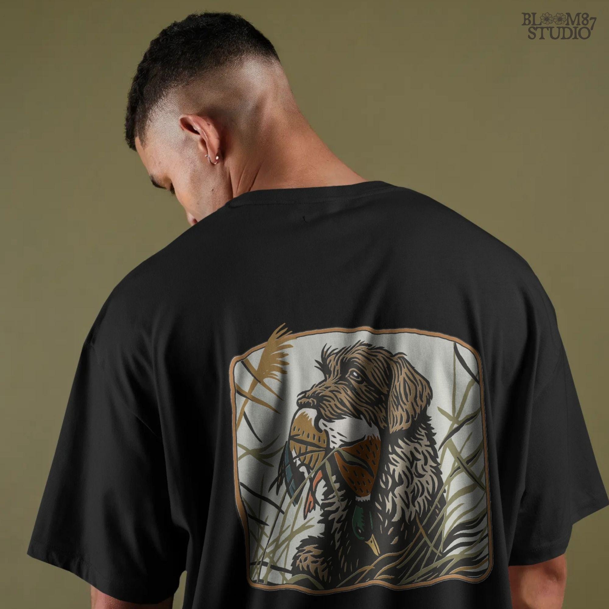 Wirehaired hunting dog holding a mallard duck in its mouth, surrounded by tall grass in a fall marsh scene, sublimation PNG for hunting-themed designs.