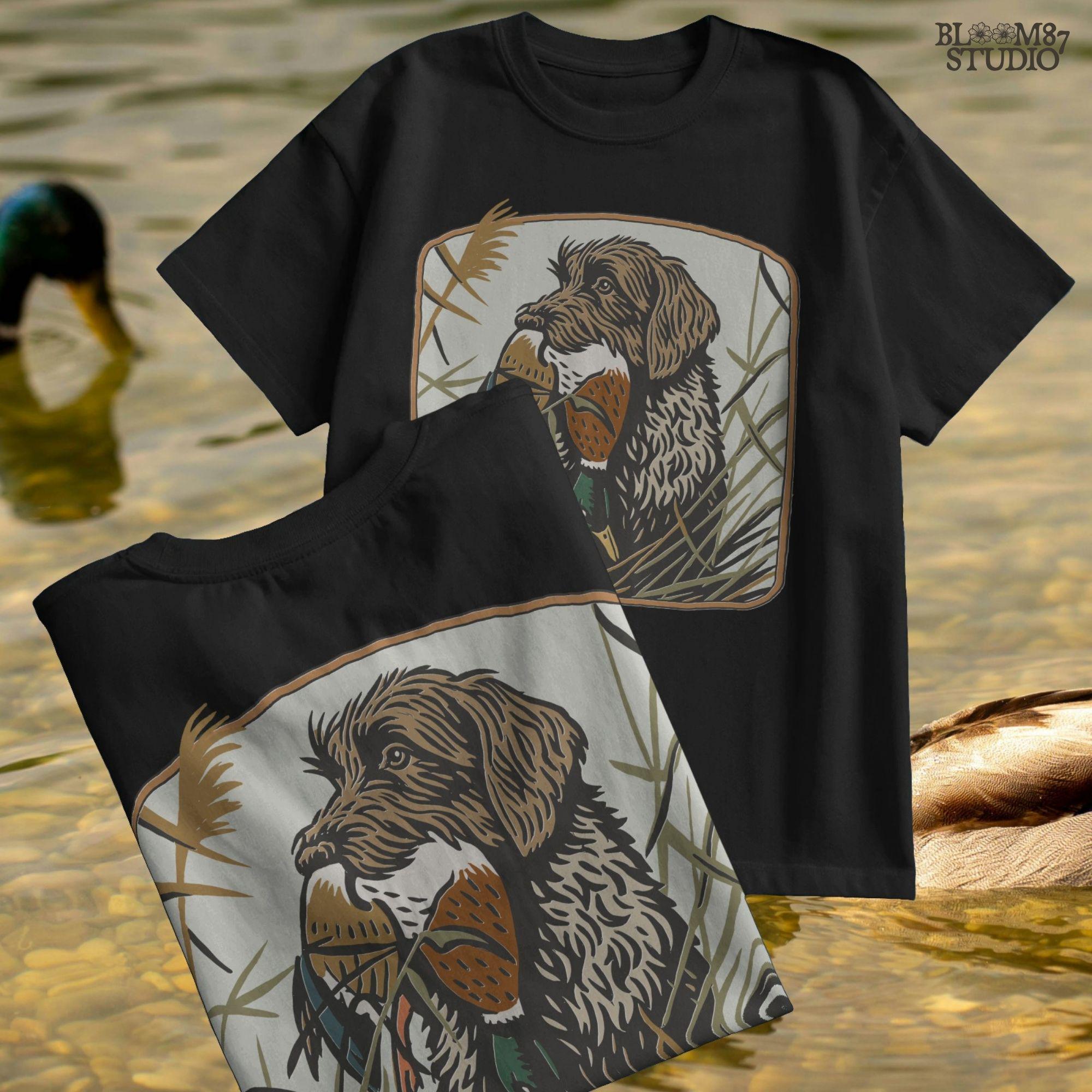 Wirehaired hunting dog holding a mallard duck in its mouth, surrounded by tall grass in a fall marsh scene, sublimation PNG for hunting-themed designs.