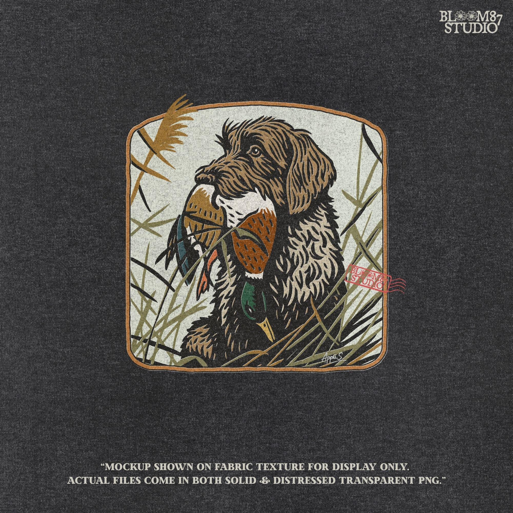 Wirehaired hunting dog holding a mallard duck in its mouth, surrounded by tall grass in a fall marsh scene, sublimation PNG for hunting-themed designs.