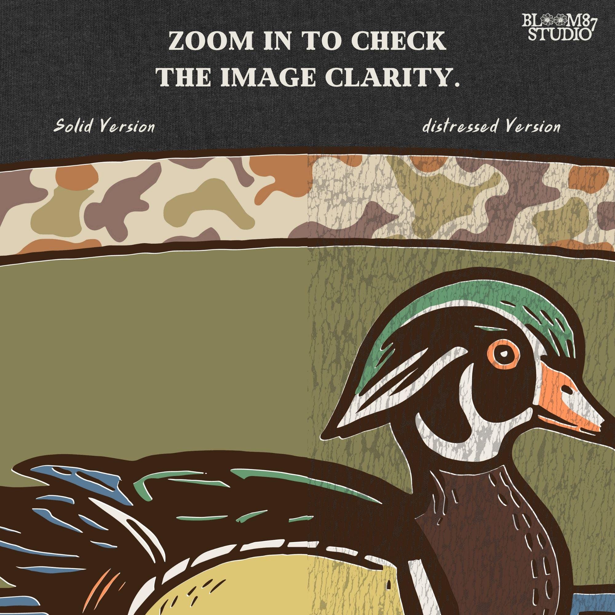 Rustic wood duck illustration with green, brown, and tan camo border; sublimation PNG for hunting or wildlife-themed crafts and apparel.