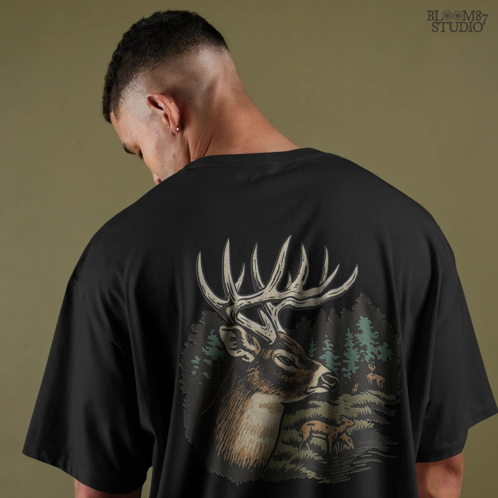 Detailed illustration of a whitetail deer buck with antlers in a forest landscape, surrounded by trees and a doe family, for sublimation designs.