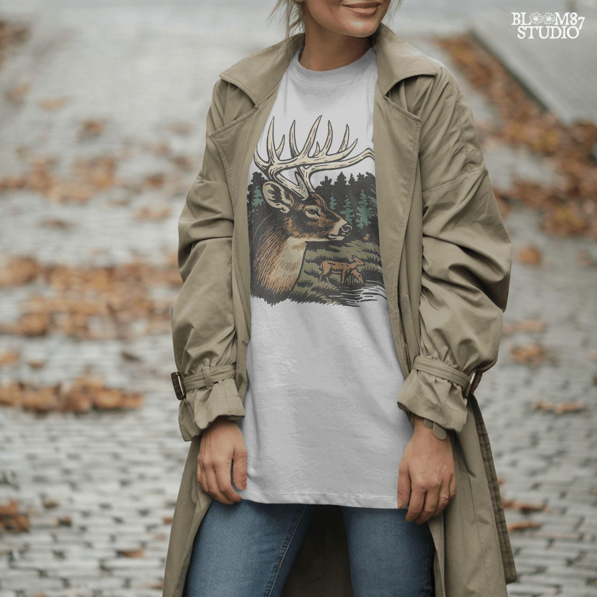 Detailed illustration of a whitetail deer buck with antlers in a forest landscape, surrounded by trees and a doe family, for sublimation designs.