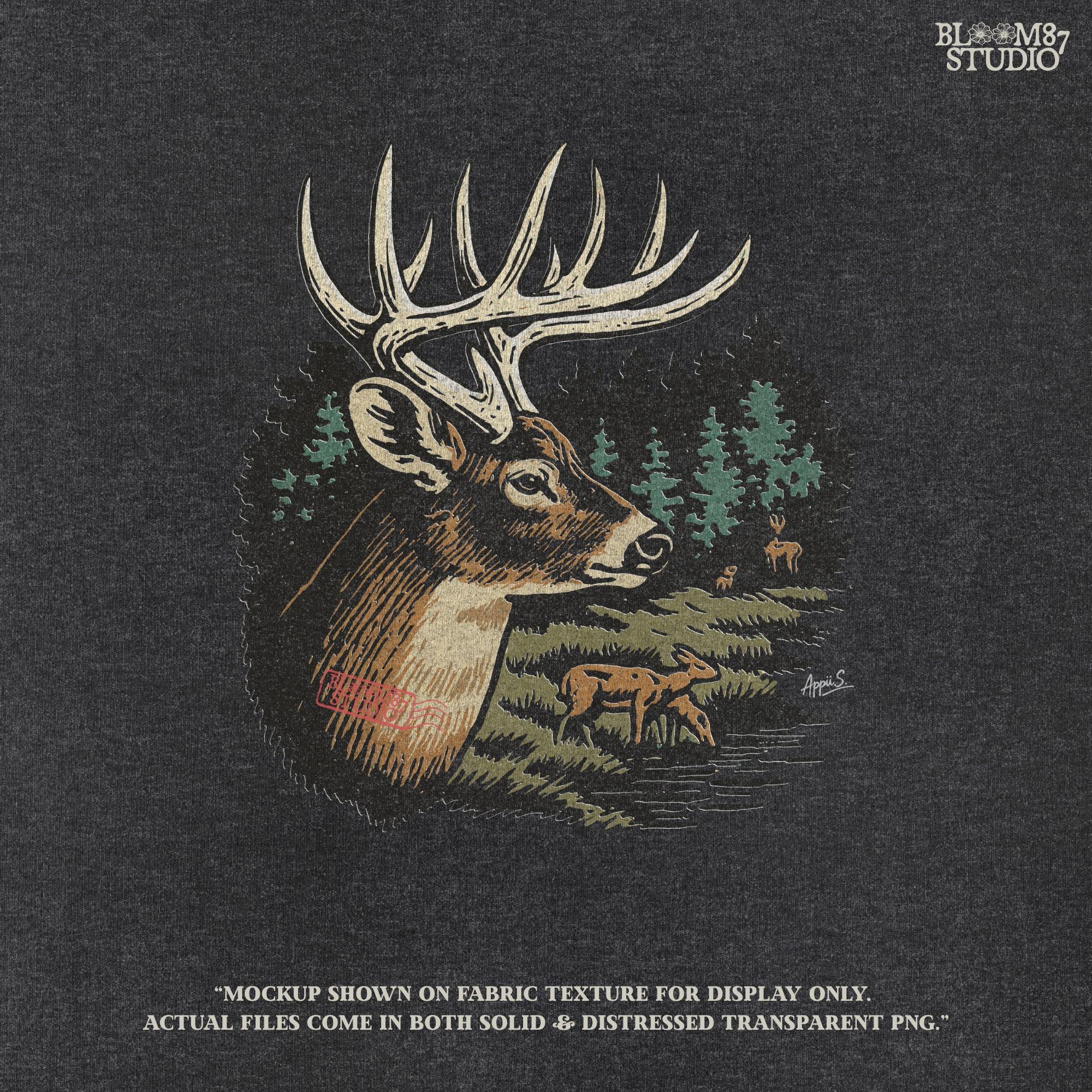 Detailed illustration of a whitetail deer buck with antlers in a forest landscape, surrounded by trees and a doe family, for sublimation designs.