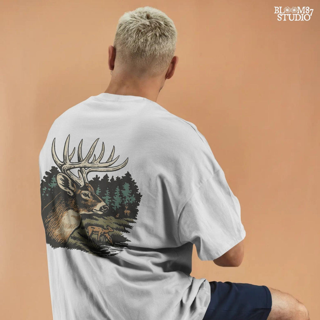 Detailed illustration of a whitetail deer buck with antlers in a forest landscape, surrounded by trees and a doe family, for sublimation designs.