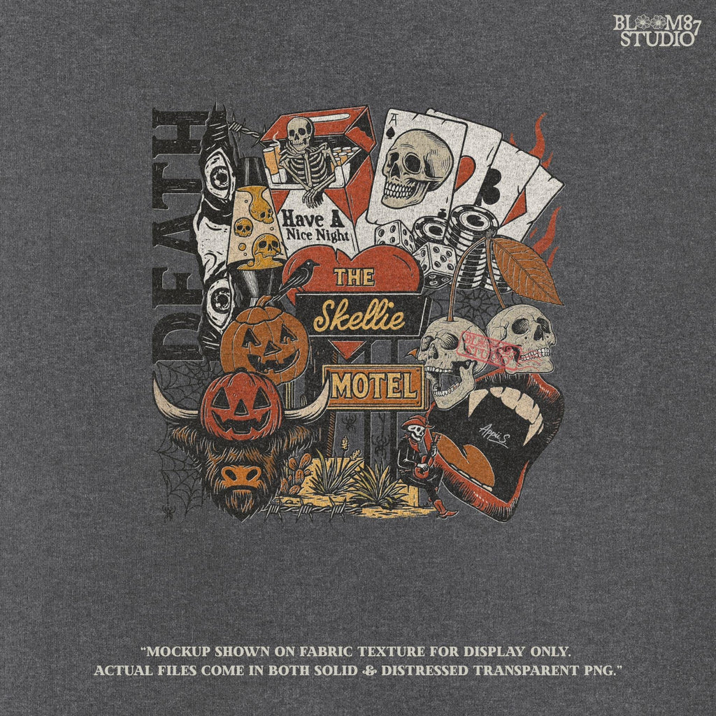 Collage-style sublimation PNG featuring skeletons, jack-o’-lanterns, vampire lips, poker chips, and retro motel signage with spooky western vibes.