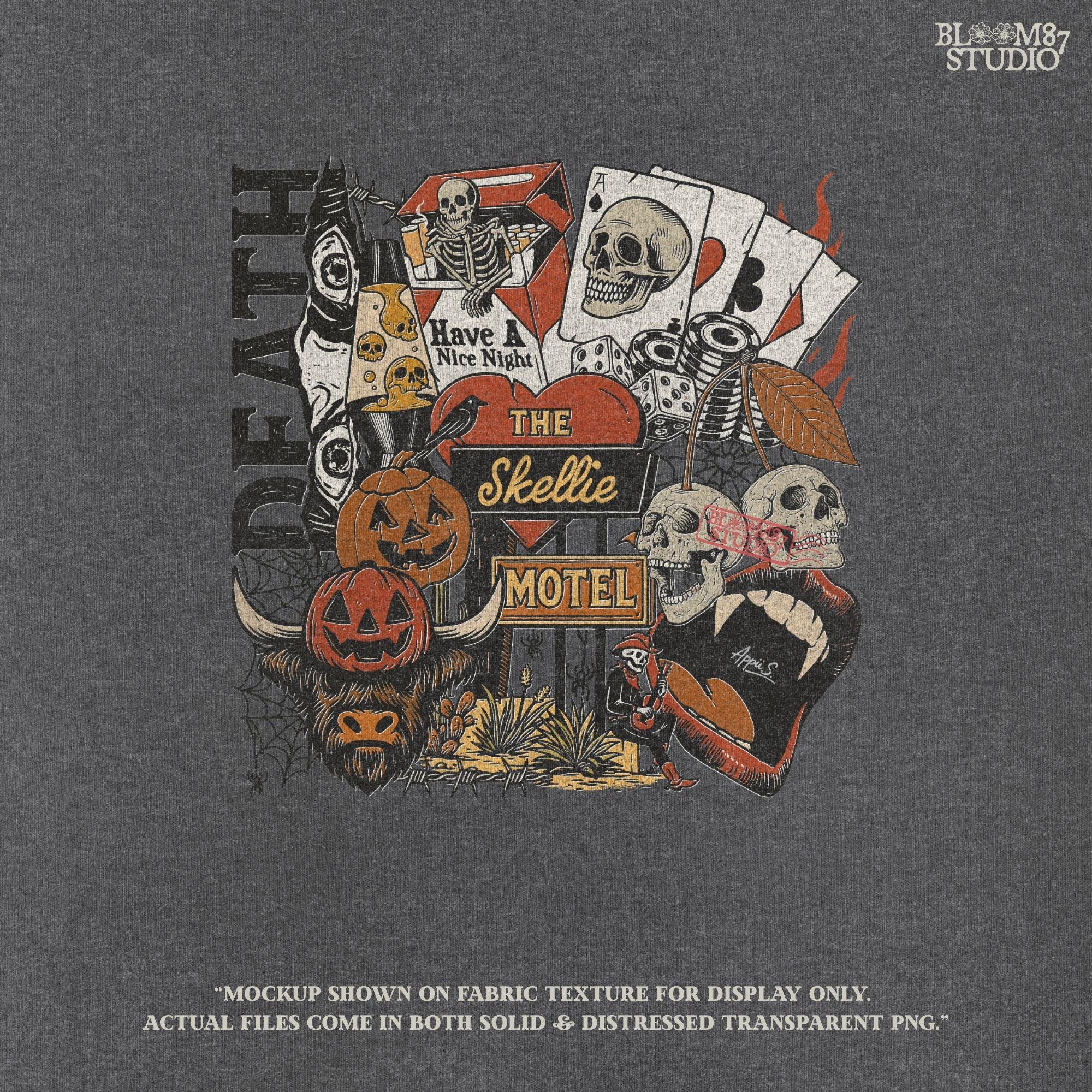 Collage-style sublimation PNG featuring skeletons, jack-o’-lanterns, vampire lips, poker chips, and retro motel signage with spooky western vibes.