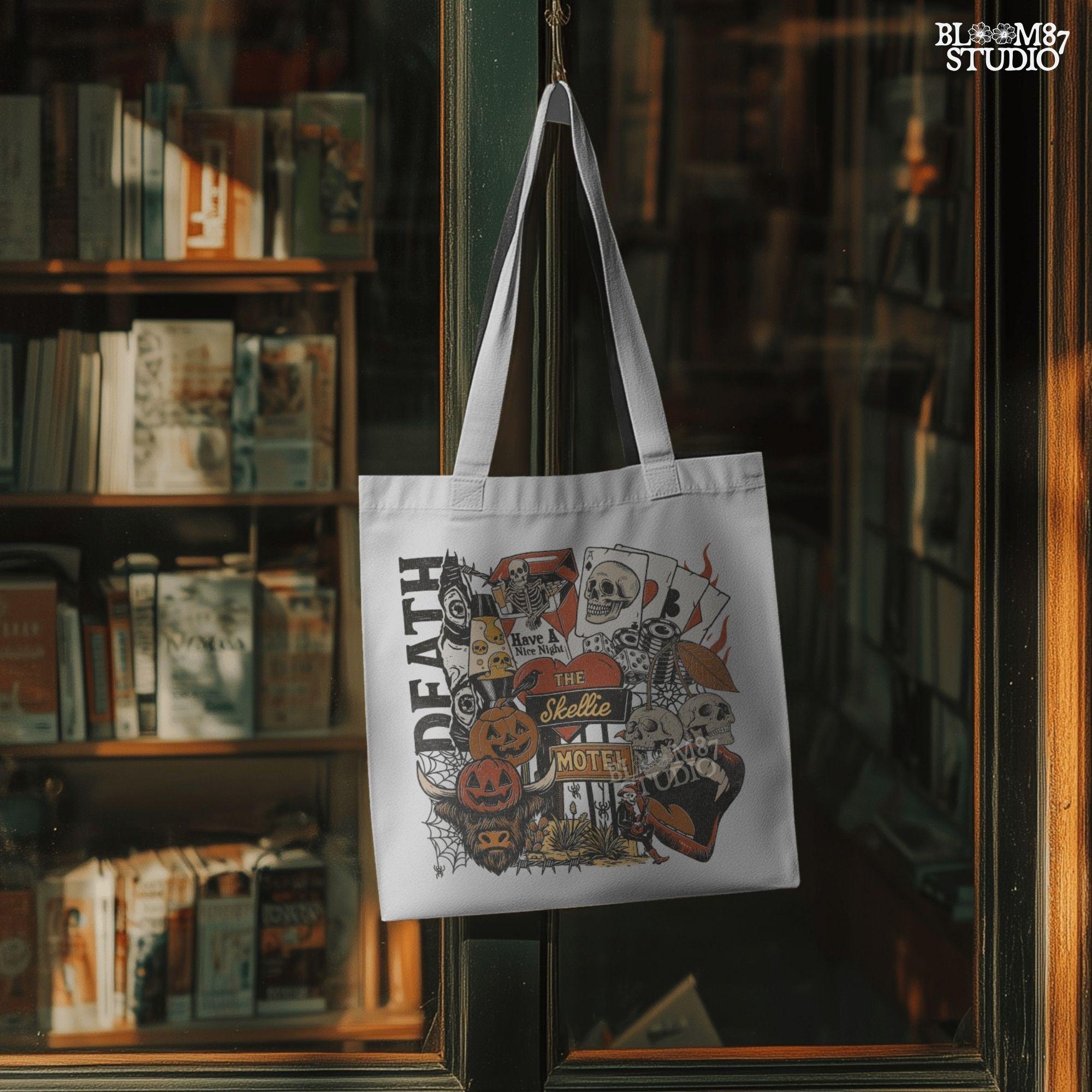 Collage-style sublimation PNG featuring skeletons, jack-o’-lanterns, vampire lips, poker chips, and retro motel signage with spooky western vibes.