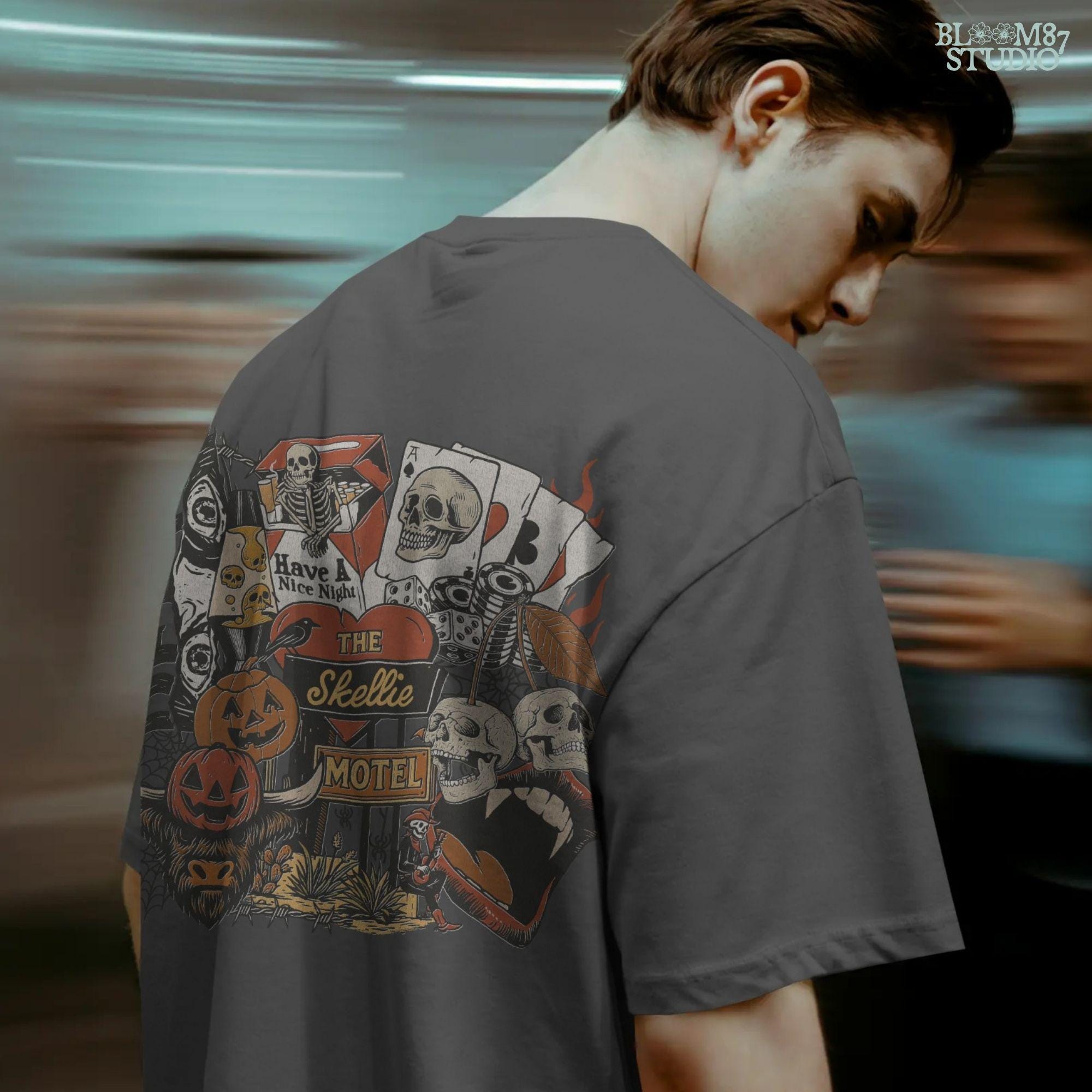 Collage-style sublimation PNG featuring skeletons, jack-o’-lanterns, vampire lips, poker chips, and retro motel signage with spooky western vibes.