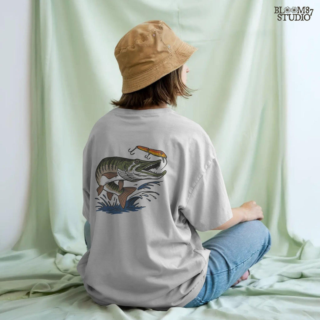 Aggressive muskie fish jumping out of the water to bite a bright orange fishing lure, drawn in vintage cartoon style with splash effects.