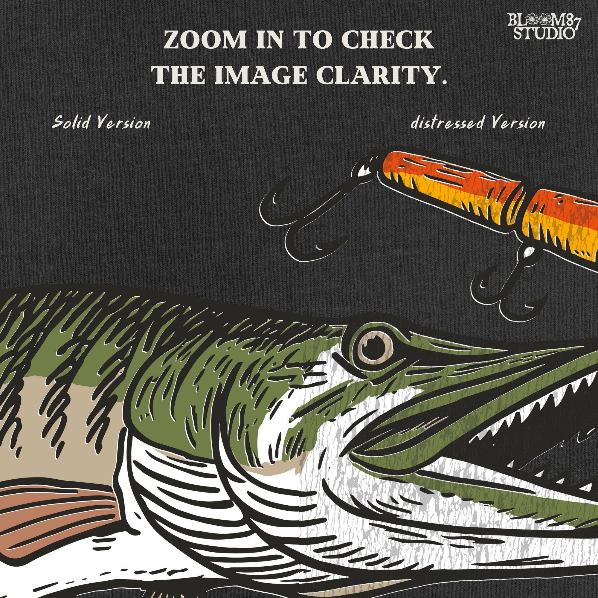 Aggressive muskie fish jumping out of the water to bite a bright orange fishing lure, drawn in vintage cartoon style with splash effects.