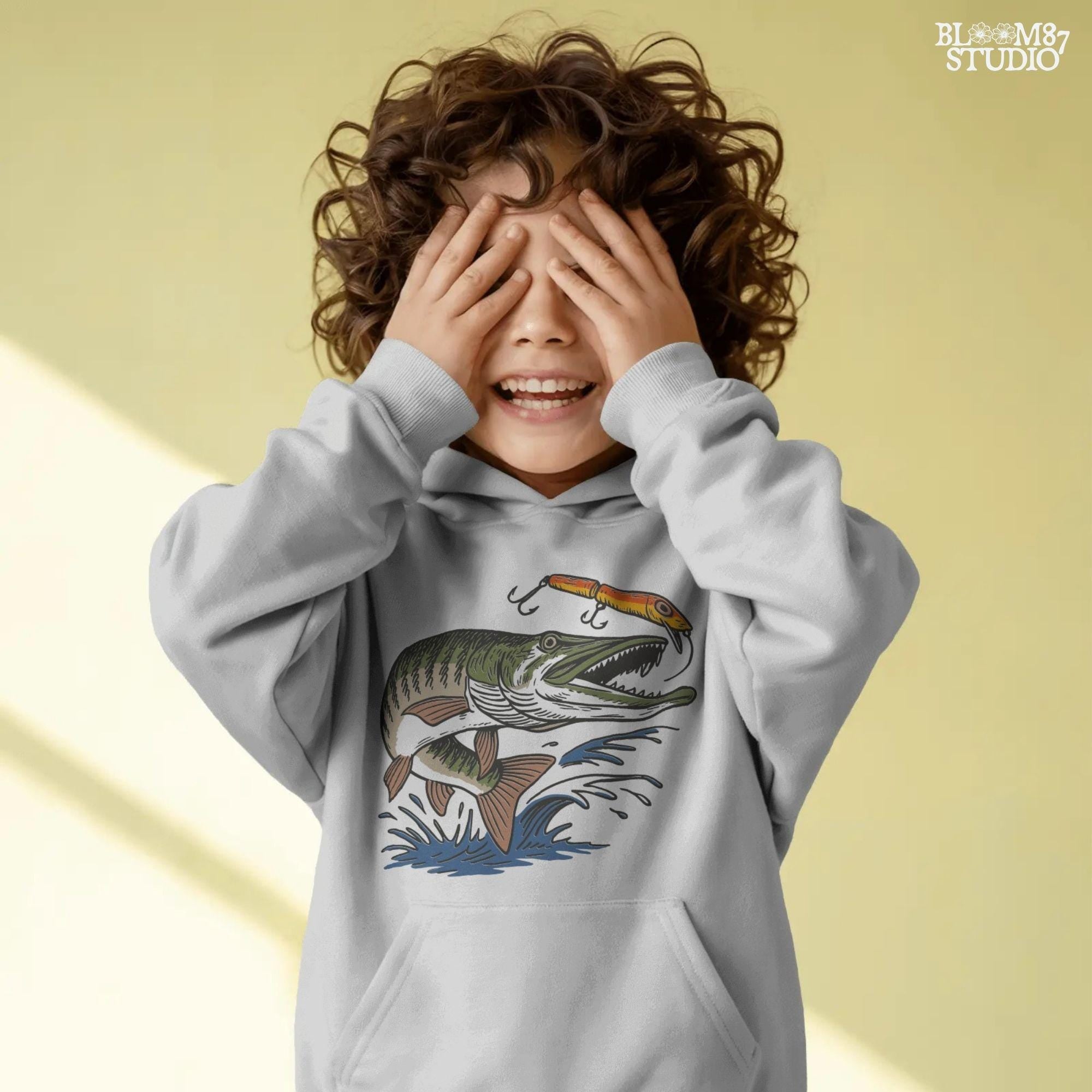 Aggressive muskie fish jumping out of the water to bite a bright orange fishing lure, drawn in vintage cartoon style with splash effects.