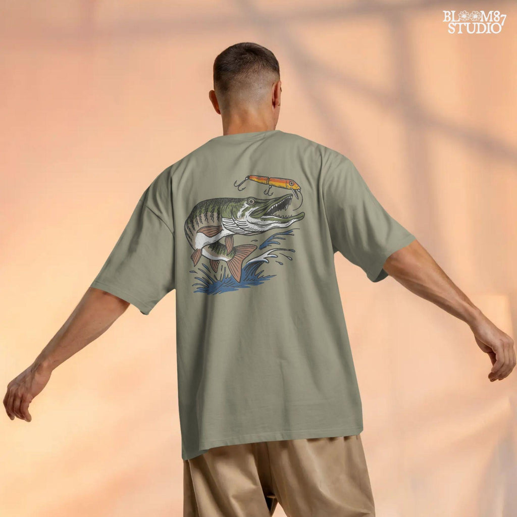 Aggressive muskie fish jumping out of the water to bite a bright orange fishing lure, drawn in vintage cartoon style with splash effects.